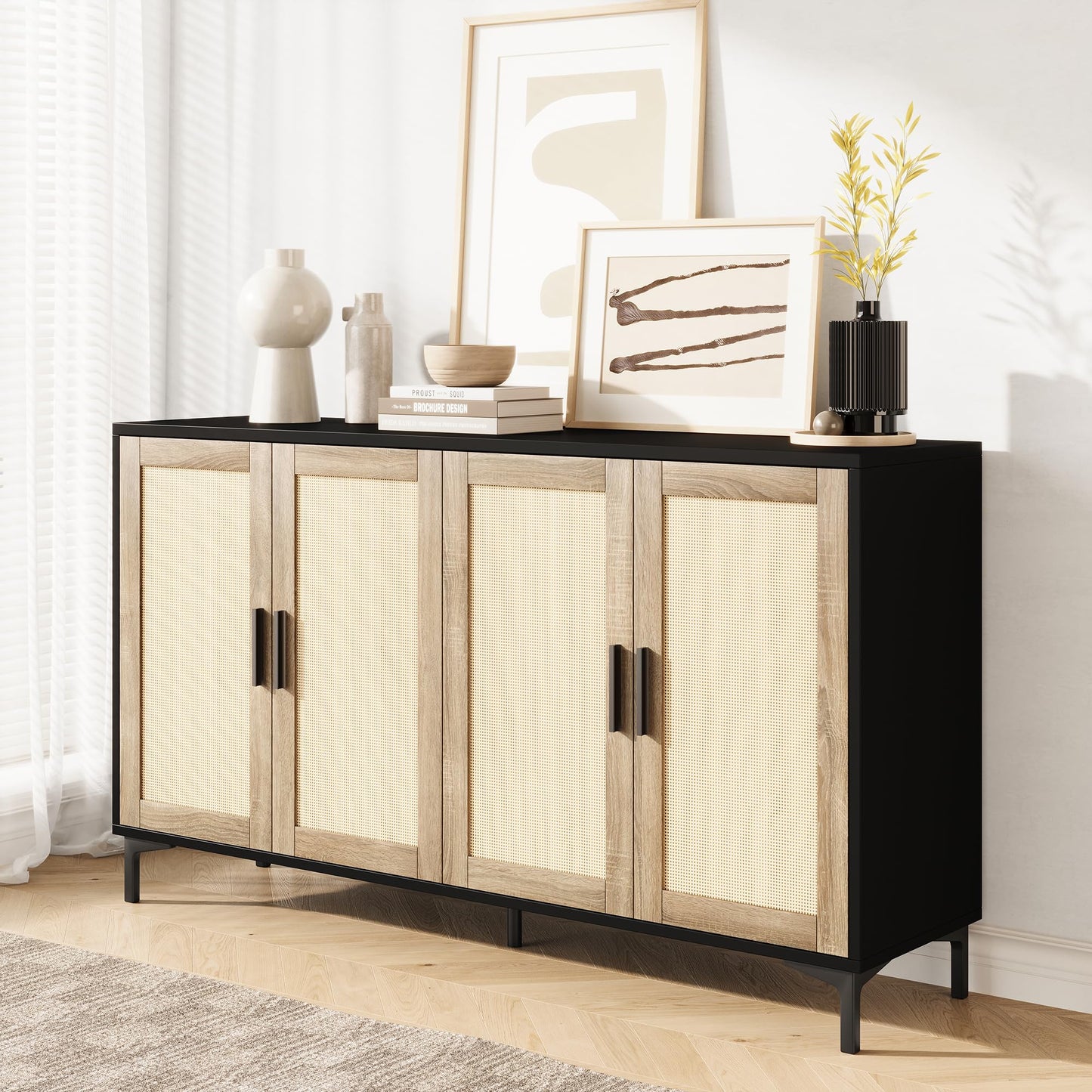 JASIWAY Buffet Cabinet with Storage, 48" Rattan Sideboard with Adjustable Shelves, Modern Coffee Bar Cabinet Console Table with Doors, Credenza for Kitchen, Living Room, Entryway, Dining Room, Black