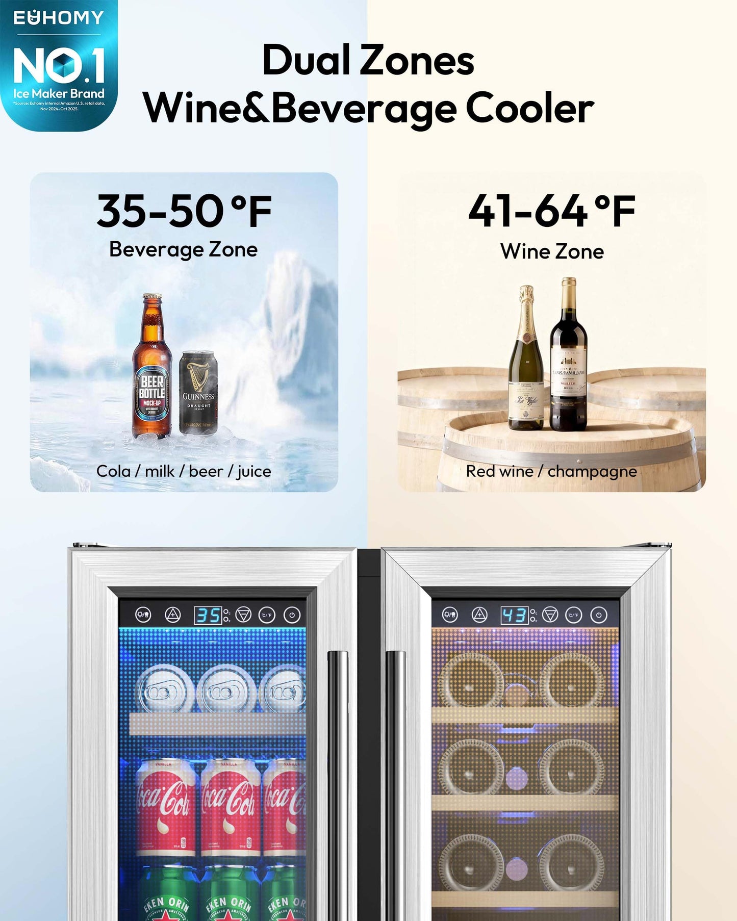 EUHOMY Wine and Beverage Refrigerator, 24 Inch Dual Zone Wine Cooler with Glass Door Hold 21 Bottles and 88 Cans, Built in or Under Counter Wine Fridge with Blue LED Light