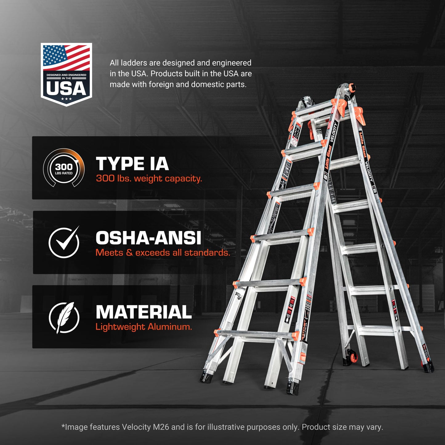 Little Giant Ladders, Velocity with Wheels, M17, 17 Ft, Multi-Position Ladder, Aluminum, Type 1A, 300 lbs Weight Rating, (15417-001)