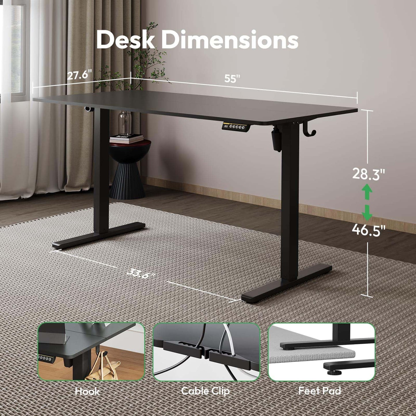 Gamork Large Electric Standing Desk,55x28 Inches Adjustable Height Stand up Desk, Sit Stand Home Office Desk, 3 Preset Heights,Equipped with Hooks,Ergonomic Computer Desk Workstation,Black