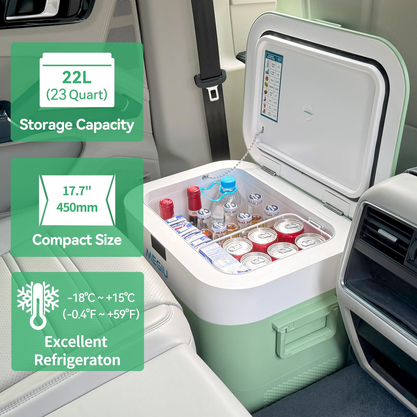 Megiu Car Fridge Portable 12 Volt Refrigerator 23 Quart (22 Liter) Freezer Compressor Cooler 12V/24V DC 110~240 V AC for Outdoor, Camping, Travel, Home Use -18℃~+15℃ (Green)