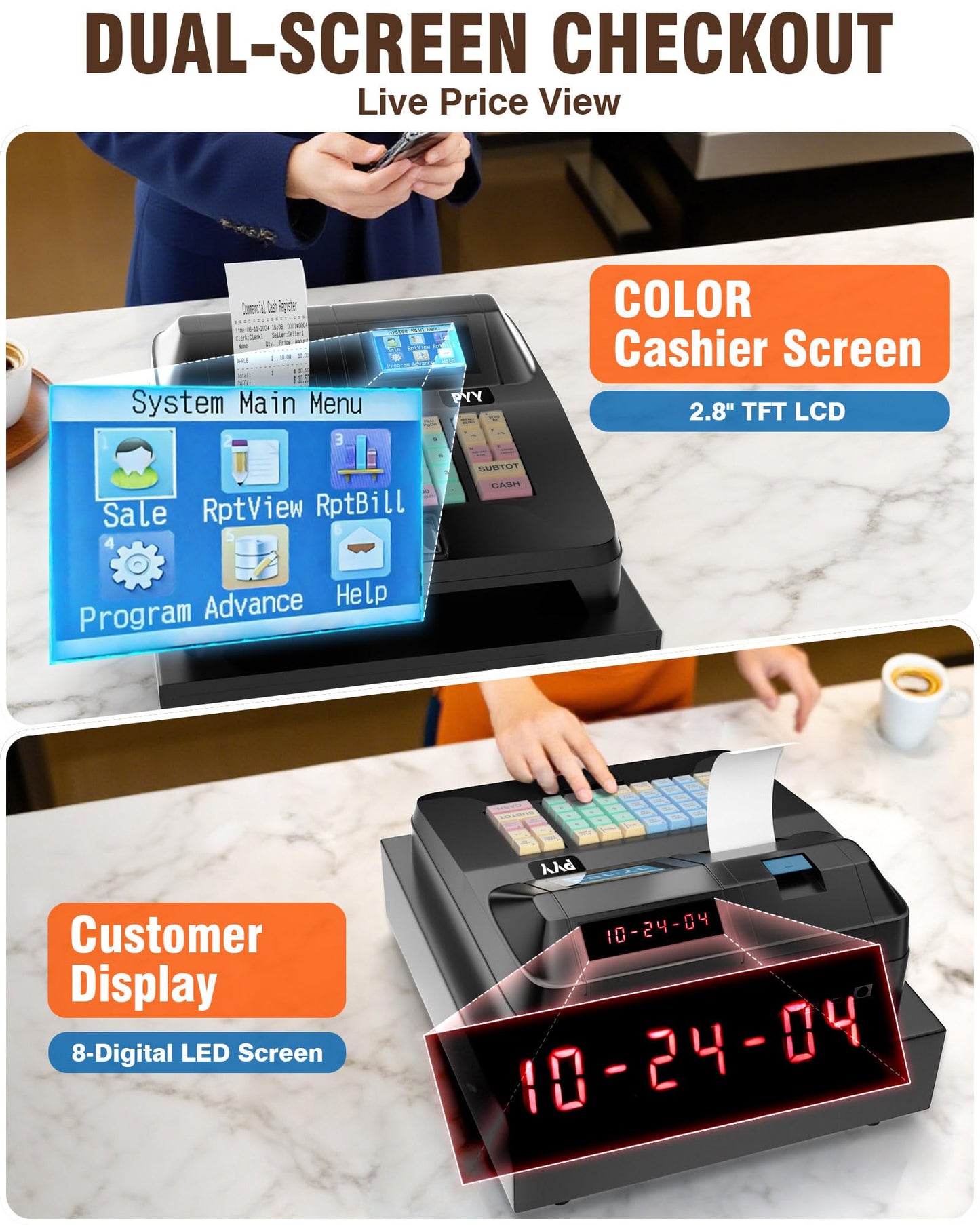 PYY Cash Register for Small Businesses - Electronic Commercial Caja Registradora para Negocio with Locked Cash Drawer Box, 8 Digital Dual Display, 48 Keys, Cashing System for Supermarket Restaurant