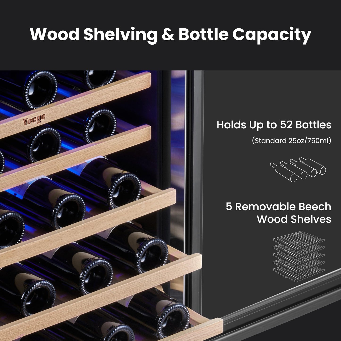 Yeego Wine Fridge Cooler - 24 Inch Wine Fridge Hold 52 Bottles, 40-65°F Wine Refrigerator Glass Door, Built in Fridge, Freestanding Adjustable Shelves Fridge for Beer Soda Drink Home Bar Office