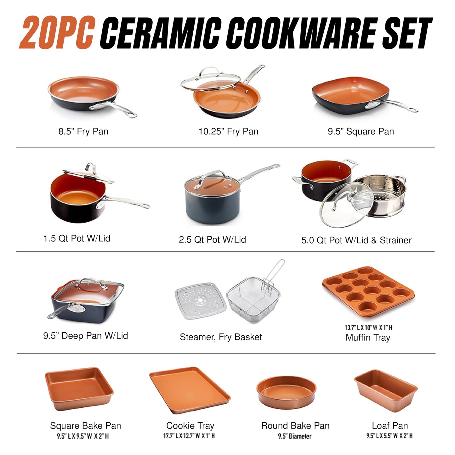Gotham Steel True 20 Pc Ceramic Cookware Set Nonstick, Ceramic Pots and Pans Set Non Stick with Deep Square Pan Set & Bakeware Set, Non Toxic PFOA PFOS Free, Oven & Dishwasher Safe, No Cheater Pieces