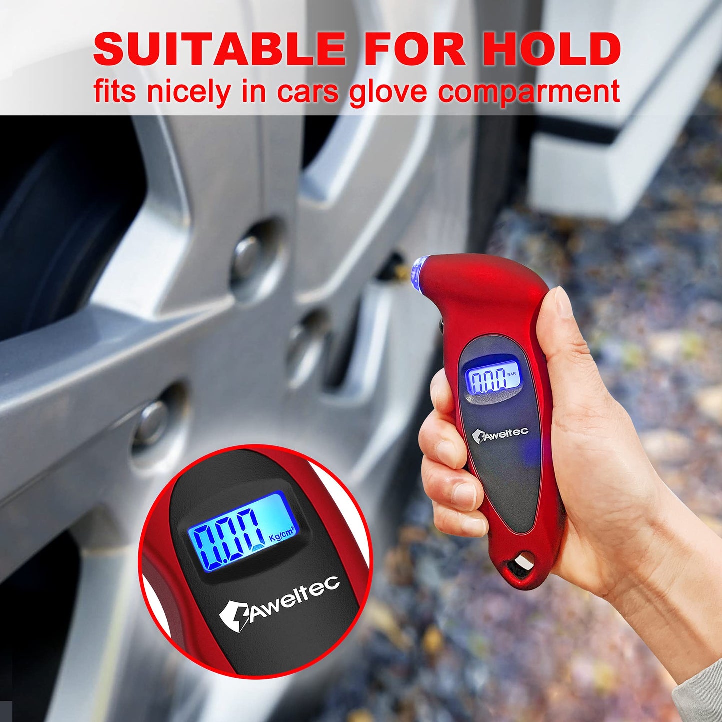 AWELTEC Digital Tire Pressure Gauge 150 PSI, 4 Settings, Tire Gauge for Car, Truck, Motorcycle, Bicycle with Backlit LCD and Non-Slip Grip (Red)