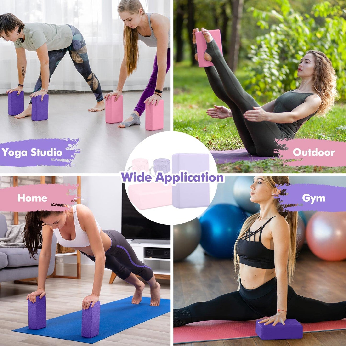 Jexine 6 Pcs Yoga Block and Strap Set 4 Pcs 9 x 6 x 3 Inches EVA Foam Pilates Block 2 Pcs Cotton Yoga Strap for Beginners Experienced Pilates Fitness Stretching
