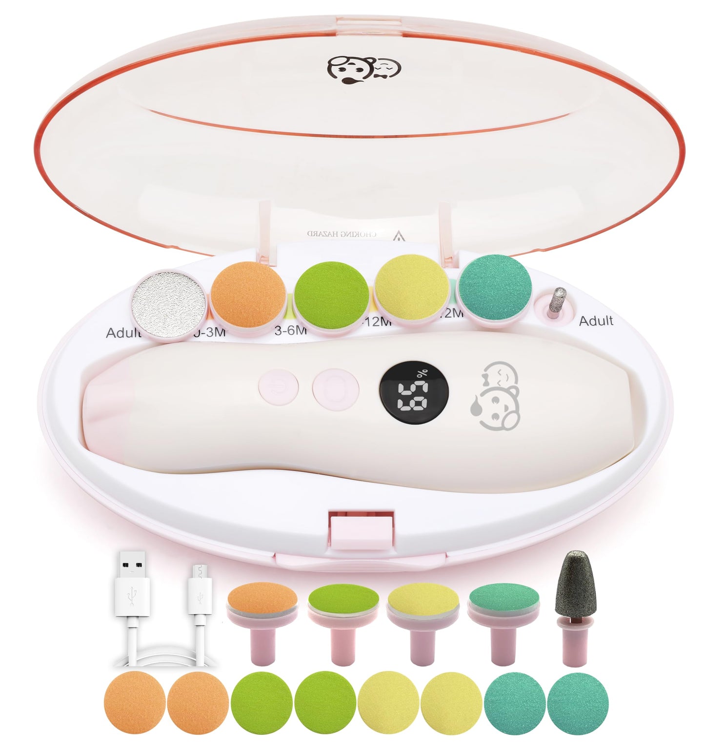 Royal Angels Rechargeable 22 in 1 Baby Nail Trimmer with LCD Display, Labeled Case, 13 Extra Pads, Safe Quiet LED Light Electric Baby Nail File Kit for Newborns Toddlers (WhitePink)