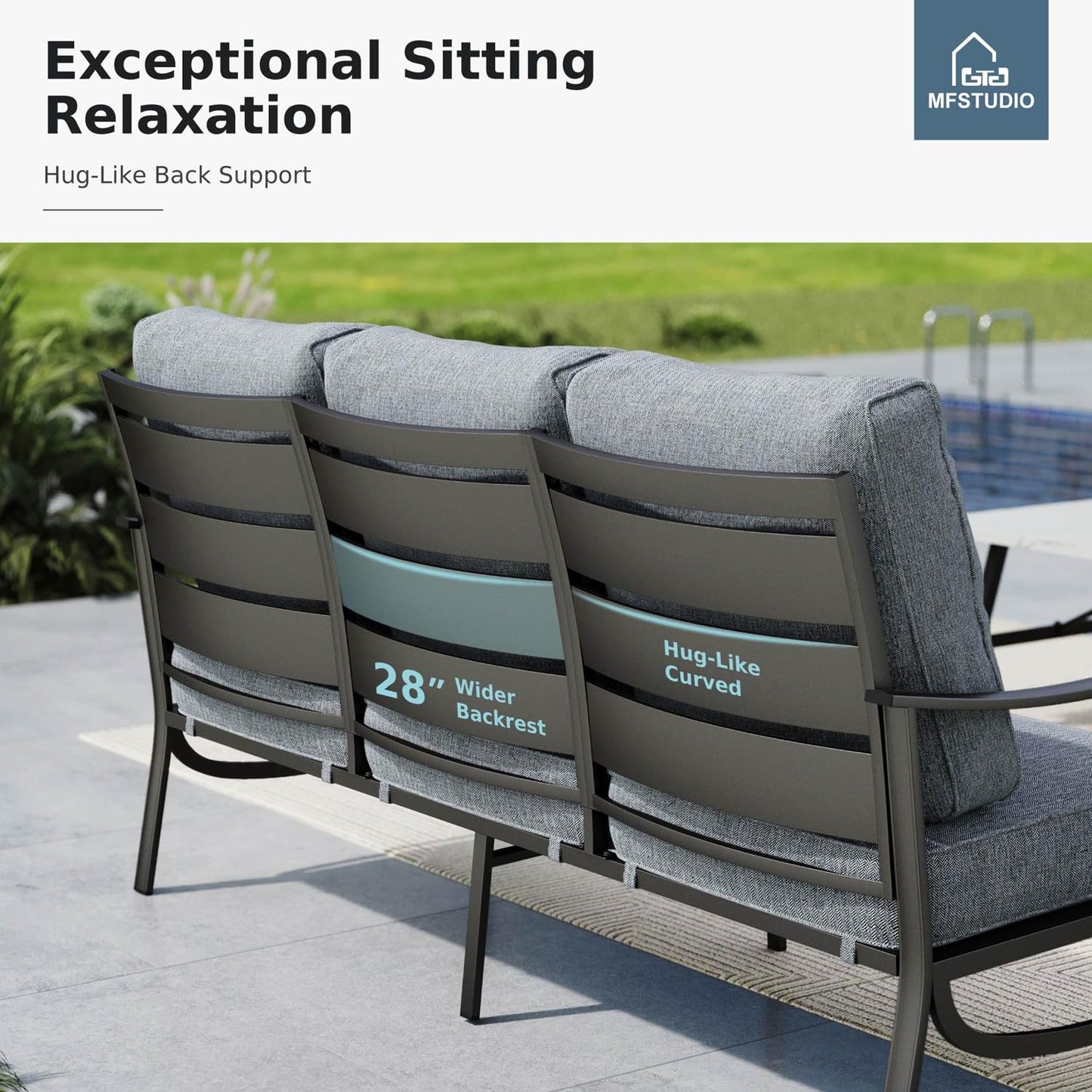 MFSTUDIO Patio Furniture Sets with 45" Gas Fire Pit Table, 8 Pieces Outdoor Metal Conversation Set with 1 x 3-Seat Sofa, 2 Single Chairs, 2 Swivel Chairs and 2 Ottomans, Grey Cushion