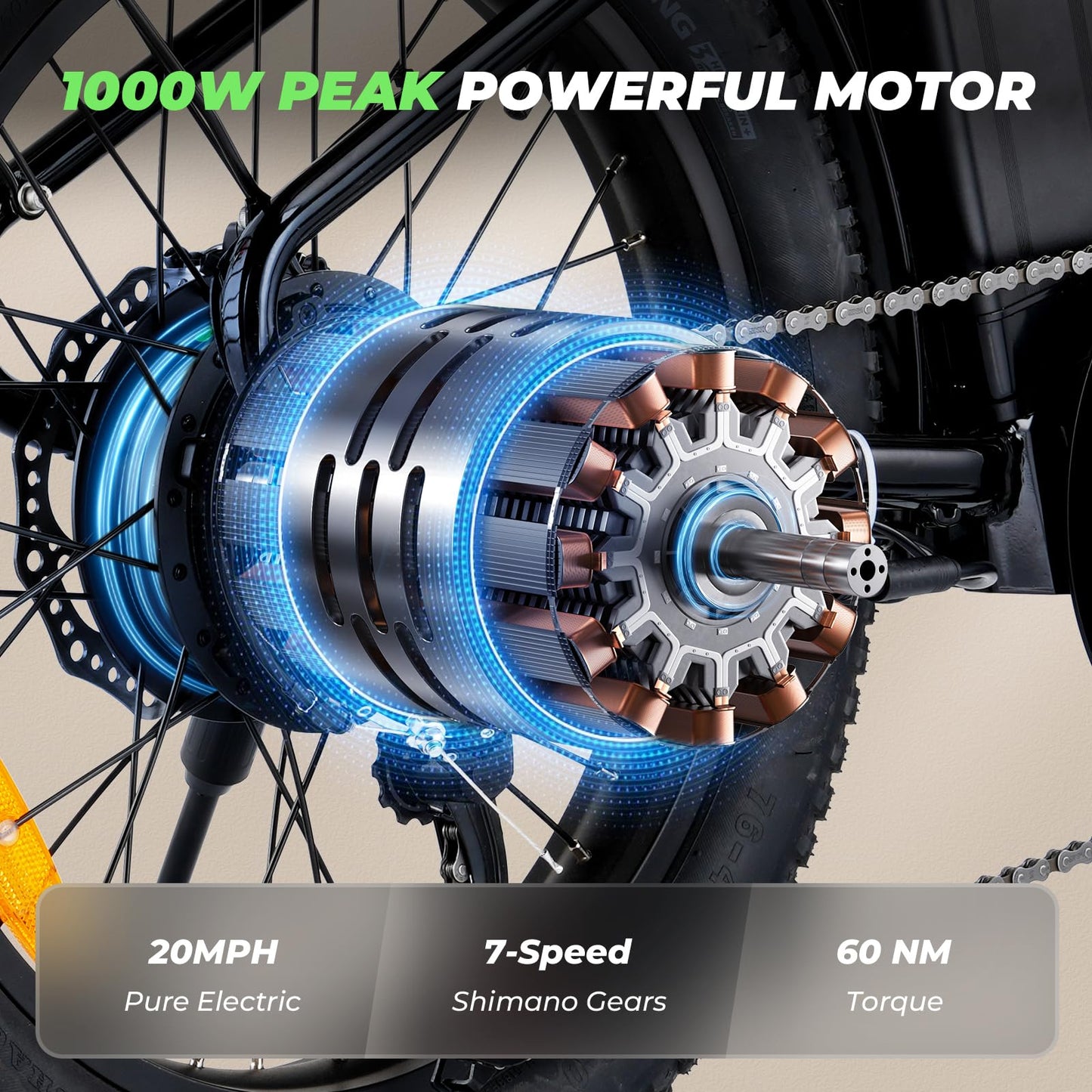 isinwheel U7 E Bike for Adults Electric Bike with Dual Cargo Rack, 48V 1000W Peak Ebikes for Adults, 7 Speed Gear, 20mph Step Thru Cruiser Electric Bicycles, 20" × 3“ Fat Tire Ebike
