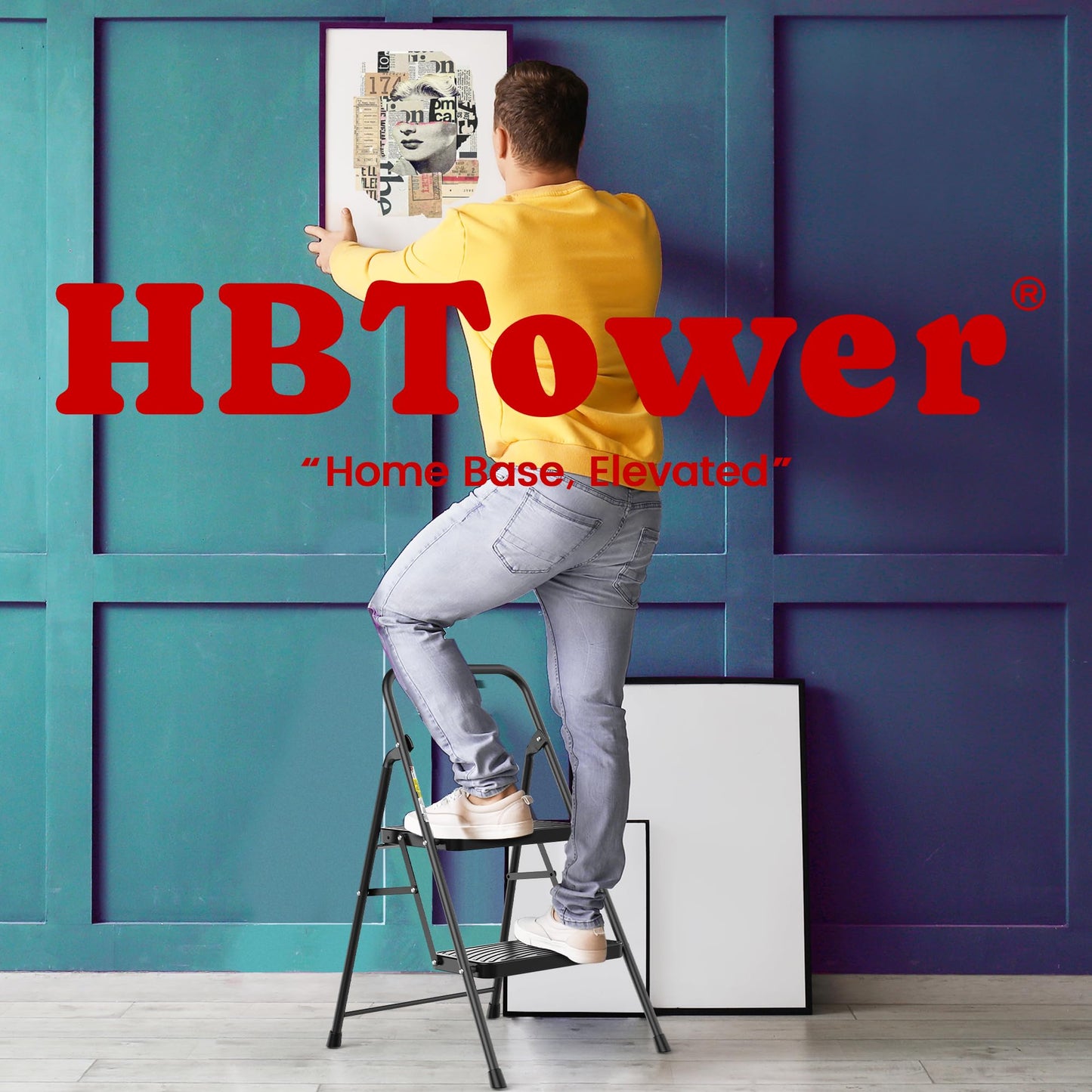 HBtower 2 Step Ladder, Step Stool with Wide Anti-Slip Pedal, Step Ladder Folding Step Stool for Adults, Lightweight Steel Portable ladders for Home Kitchen