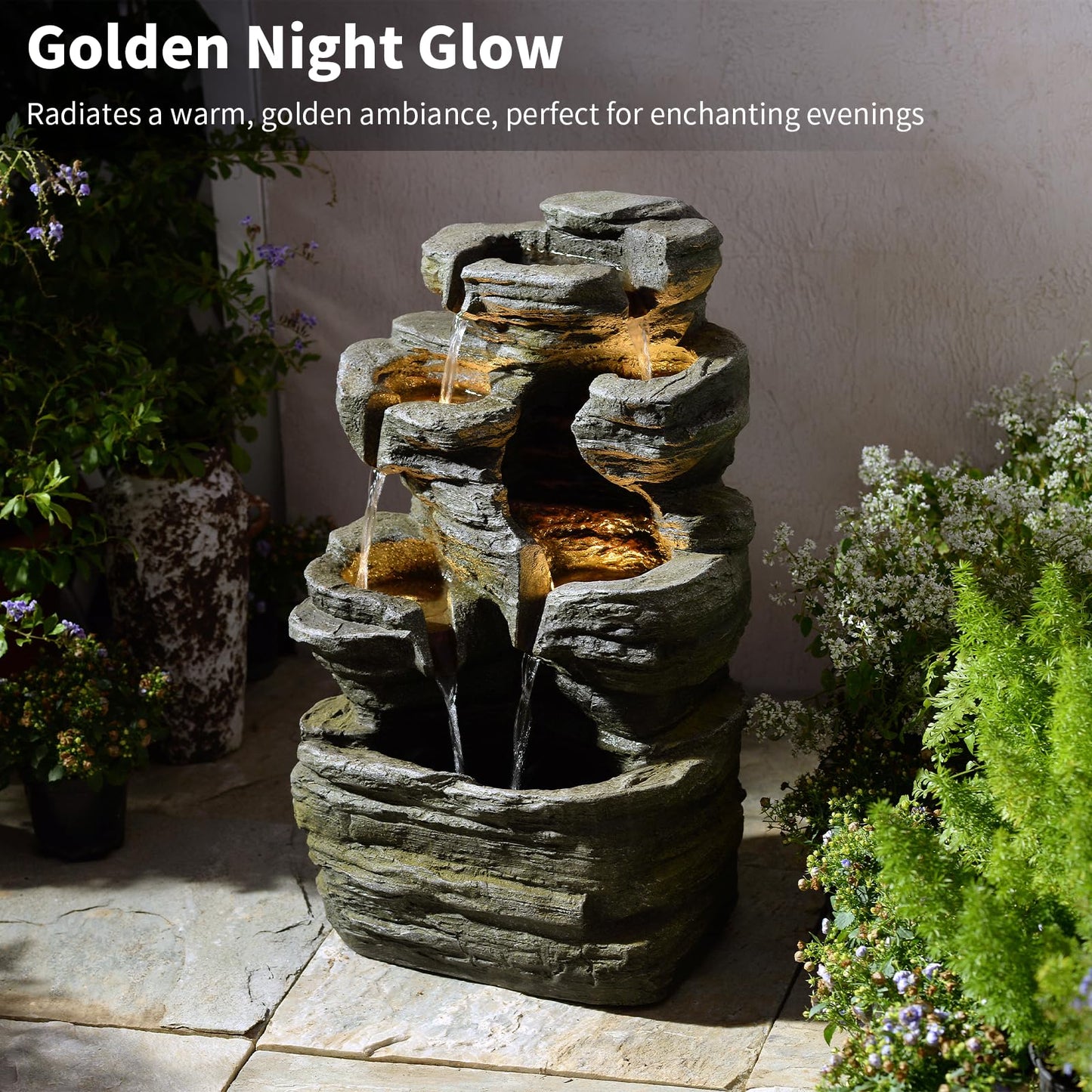 Bumilgar 6-Tier Cascading Rock Water Fountain Outdoor Garden Waterfall Decor for Garden, Patio, Backyard, Deck, Porch and Home Art Decor,24.4" H Outdoor Fountain with Lights
