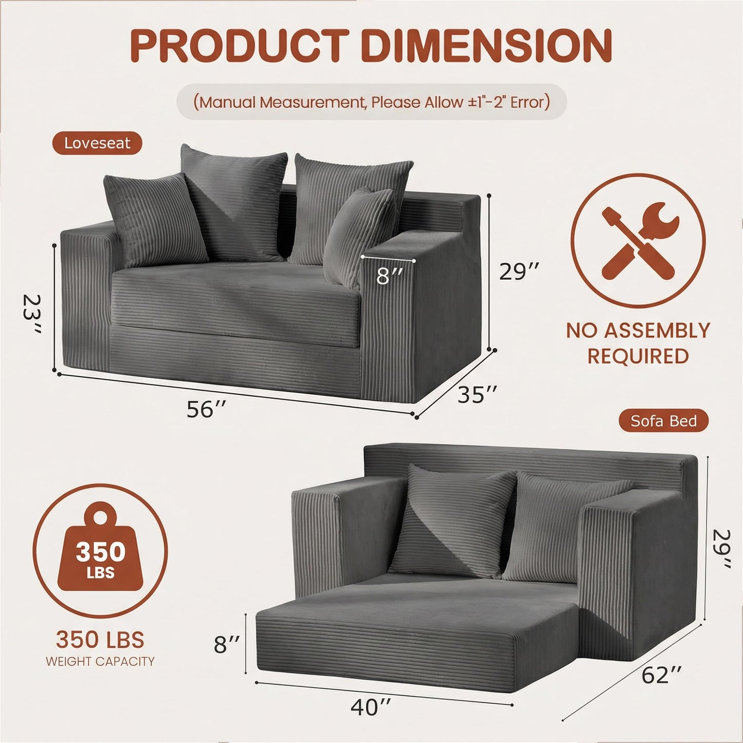 AOLVDOW Convertible Sofa Bed, 5 in 1 Small Boneless Couch Pull Out Loveseat Sleeper Sofa,Corduroy Futon Couch Folding Mattress with 4 Pillows for Living Room Bedroom Lounge (No Assembly)