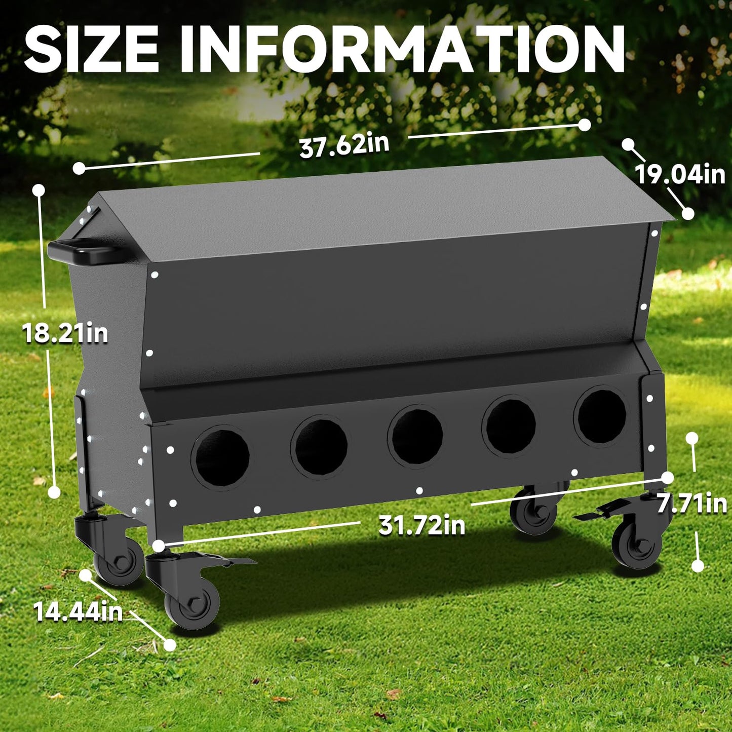 POOAMY Portable Metal Chicken Feeder with Waterproof Lid, Freestanding Chicken Feeding Box with 150 lbs Large Capacity for Chickens, No Waste Gravity Poultry Feeder, 4 Lockable Wheels for Moving.