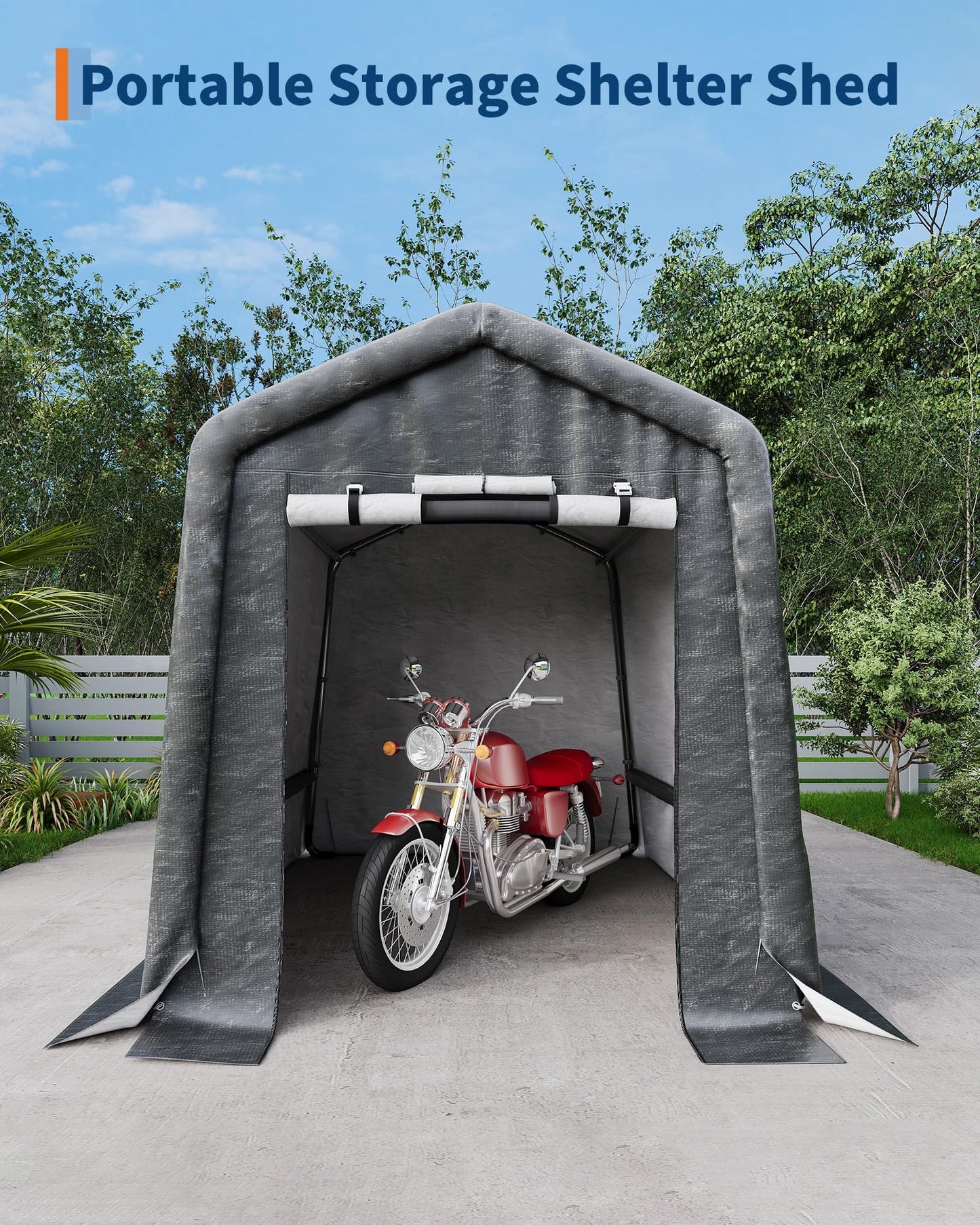  6X8 FT Heavy-Duty Portable Outdoor Storage Shed with Roll-Up Zipper Door & Vent, 240g Waterproof Carport Storage Shelter, UV-Resistant Canopy for Motorcycle, Firewood, Tools -Gray 