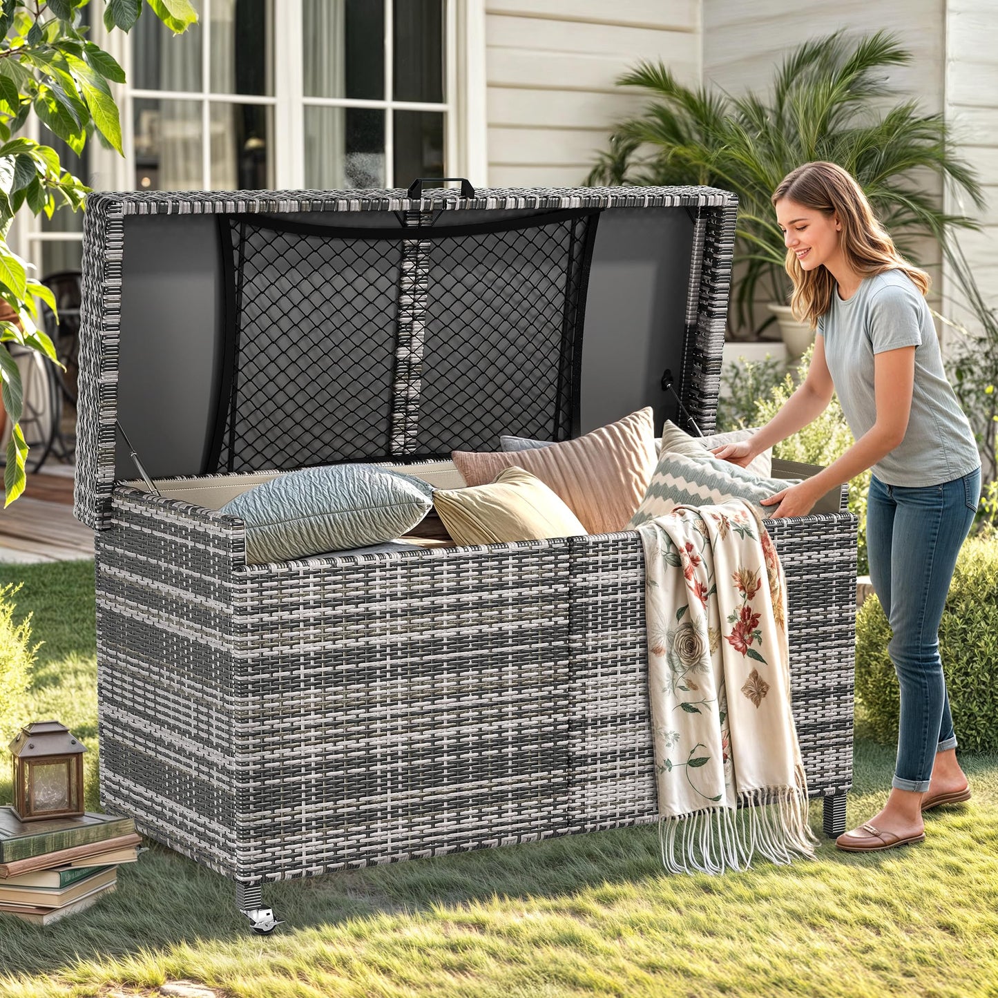 YITAHOME 200 Gallon Outdoor Storage Box w/Storage Net, Rattan XL Outdoor Deck Box, Patio Cushion Storage, Outside Storage Box for Patio Furniture, Garden Tools, Pool Sports Equipment (Grey)