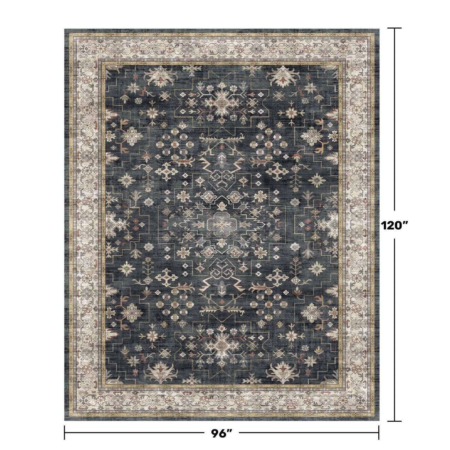 Black Farmhouse Washable 8x10 Area Rugs for Living Room, Bedroom, Dining Room Kitchen Table Rug for Under Table, Office, Dark Charcoal Tumble Stain Resistant Non-Slip Large Washable (8x10 Black/Multi)