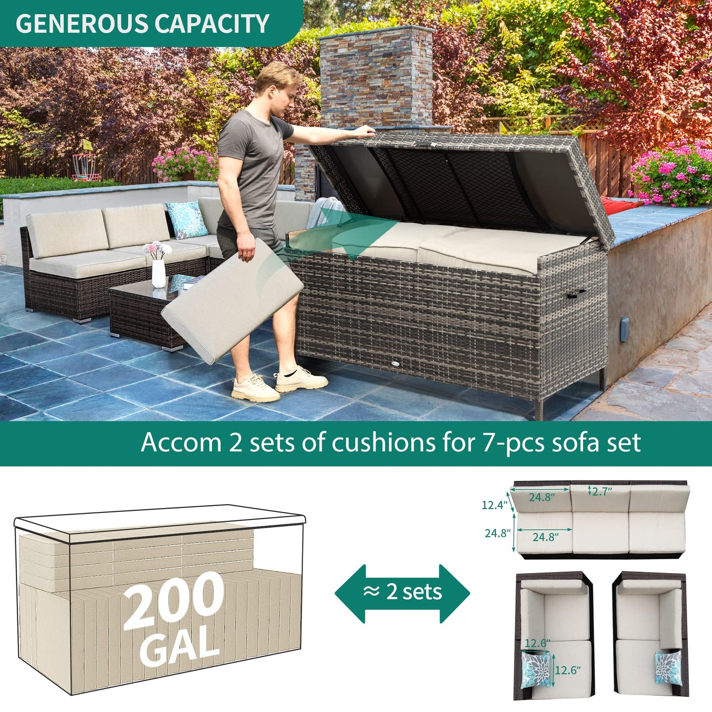 YITAHOME 200 Gallon Large Wicker Deck Box w/Storage Net, Rattan XL Outdoor Storage Box Patio Cushion Storage, Waterproof Storage Box for Patio Furniture, Garden Tools, Pool Sports Equipment (Grey)