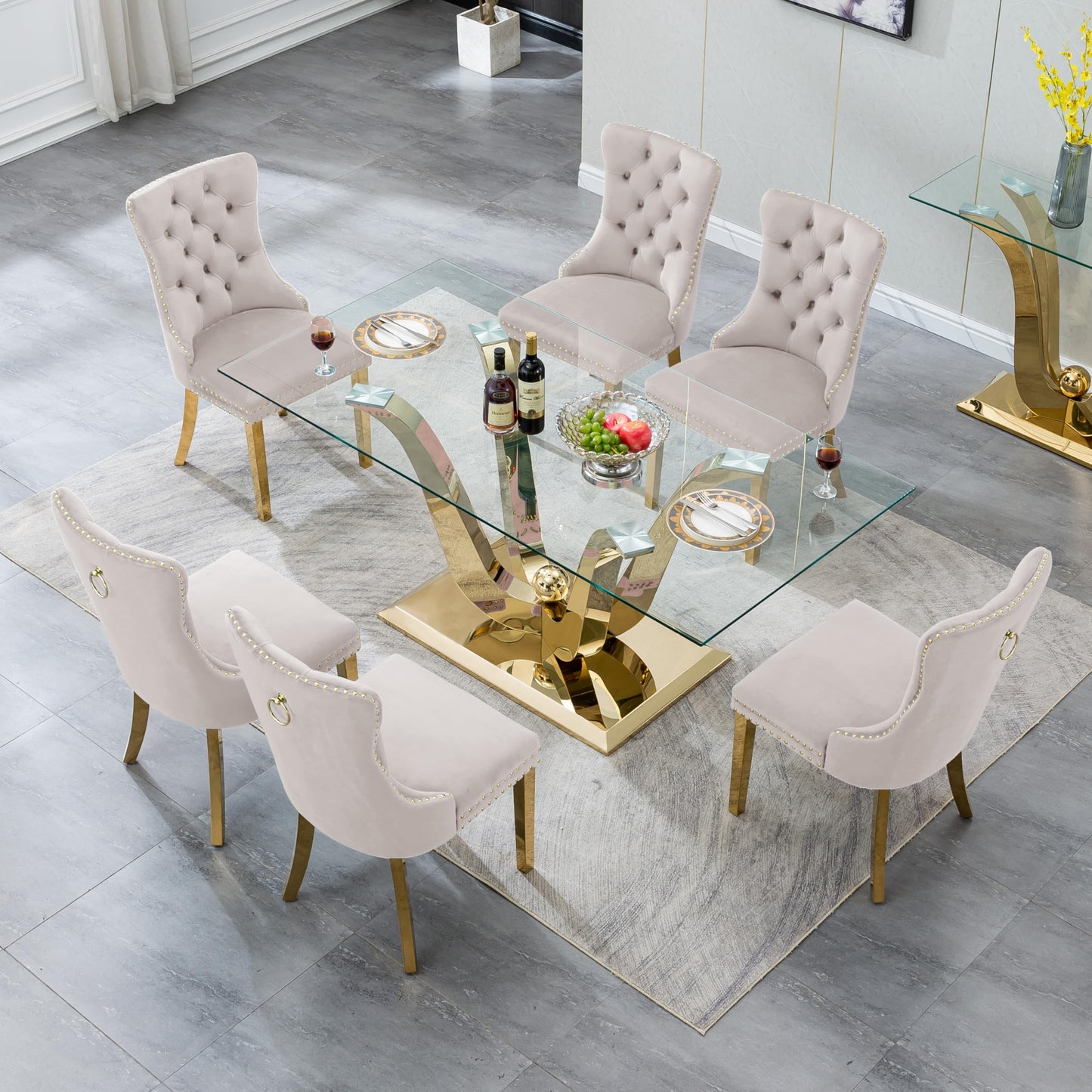 Maxtude 7 Piece Dining Table Set, Gold Dining Room Table with 6pcs White Velvet Dining Chairs, 70" Glass Dining Table Set for 6 with Stainless Steel Base for Kitchen Dining Living Room