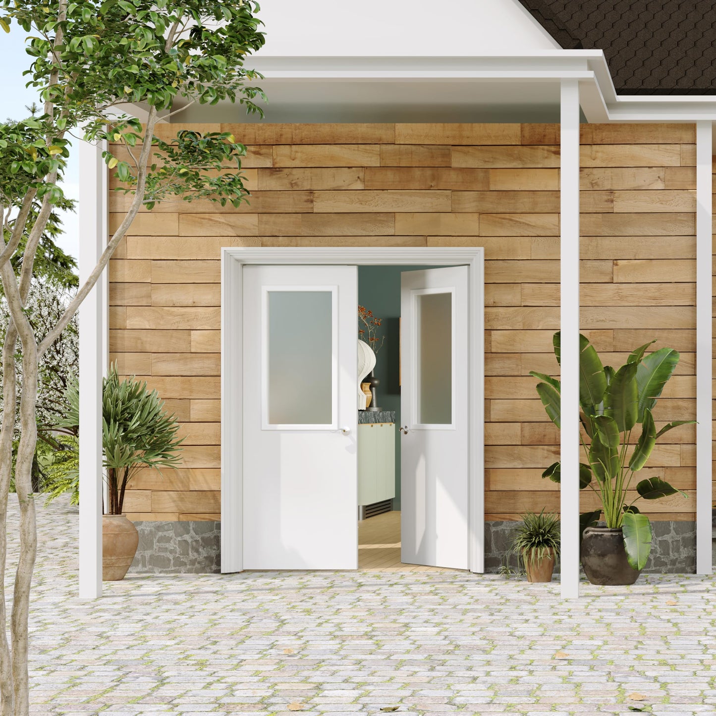 Lakenyon Exterior Doors, 1-Panel Frosted Glass Front Door, 64" x 80", Solid Wood & MDF Entry Doors, Waterproof Primed, Easy DIY Install