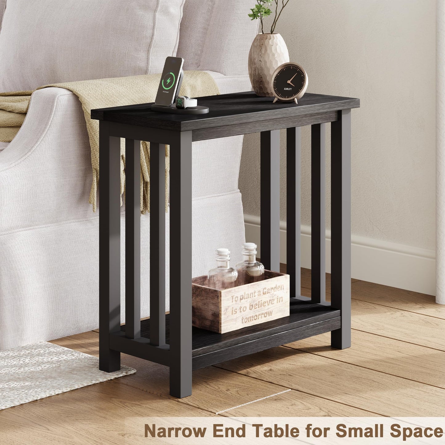 ChooChoo Mission End Tables Set of 2, Narrow Side Tables for Small Spaces, Night Stands with Storage Shelf for Living Room and Bedroom, Black