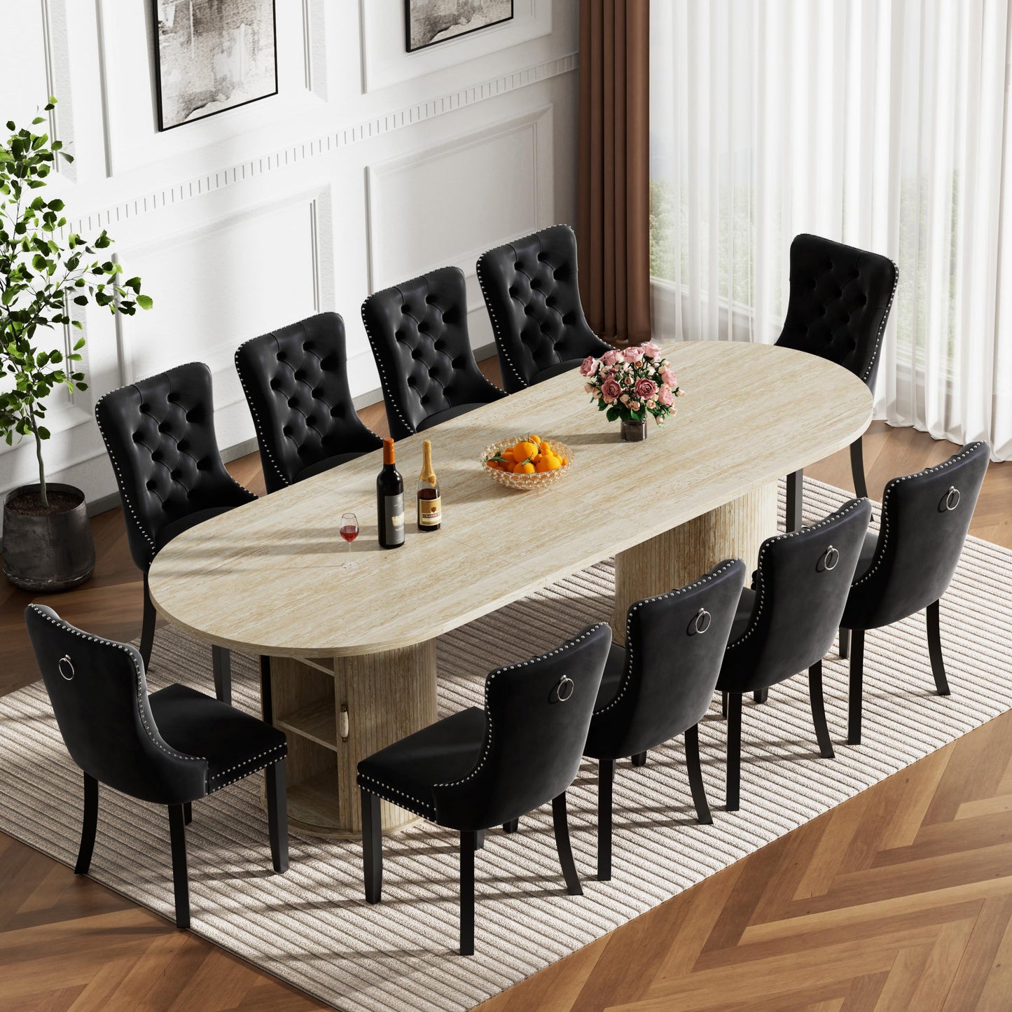 11 Piece Extendable Dining Table Set with 10 Black Upholstered Chairs, 63"-95" Faux Mars Oval Kitchen Table Set with Storage for 10, Space-Saving Expandable Dining Room Table Set with Wood Fluted Base
