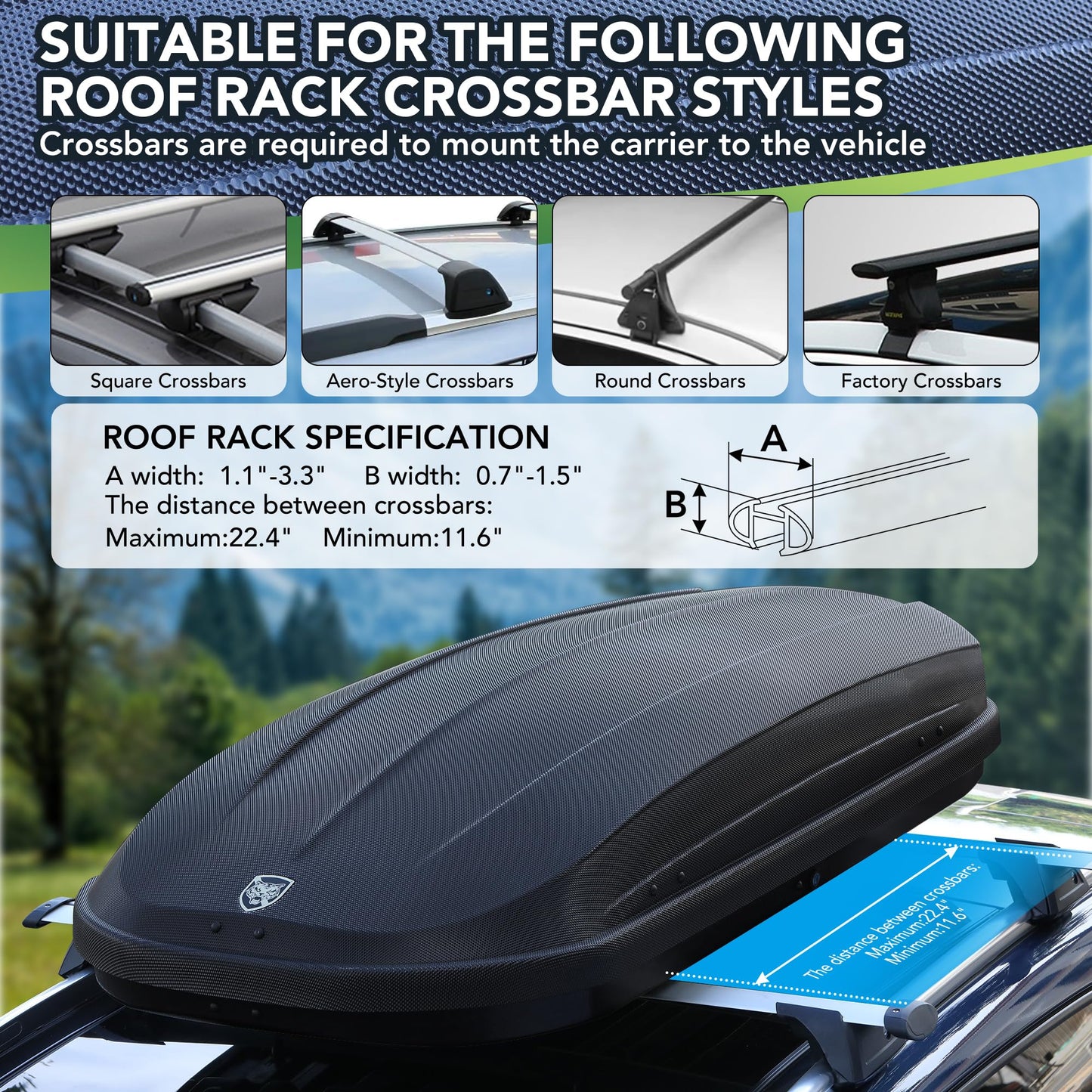 PeakPursuit 12 Cubic Feet Hard Shell Top Mount Carrier, Rooftop Cargo Box Carrier, Dual-Side Opening, Universal Fit for Cars & SUVs, Waterproof ABS Material with Secure Straps & Keys