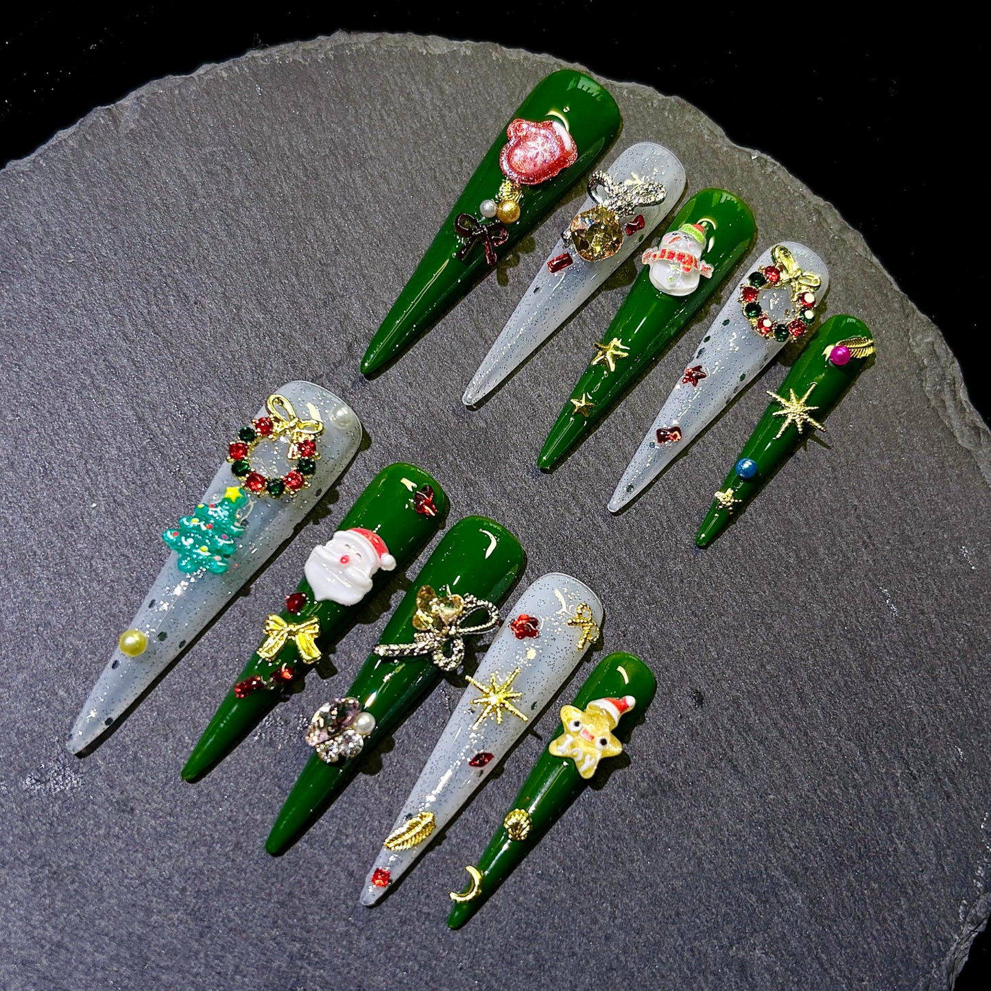 Handmade Press on Nails Medium Almond- Long Fake Nails,3D Unique Reusable ABS Material Fake Nails, Cartoon Snowflake Design False Nails (M, 003)