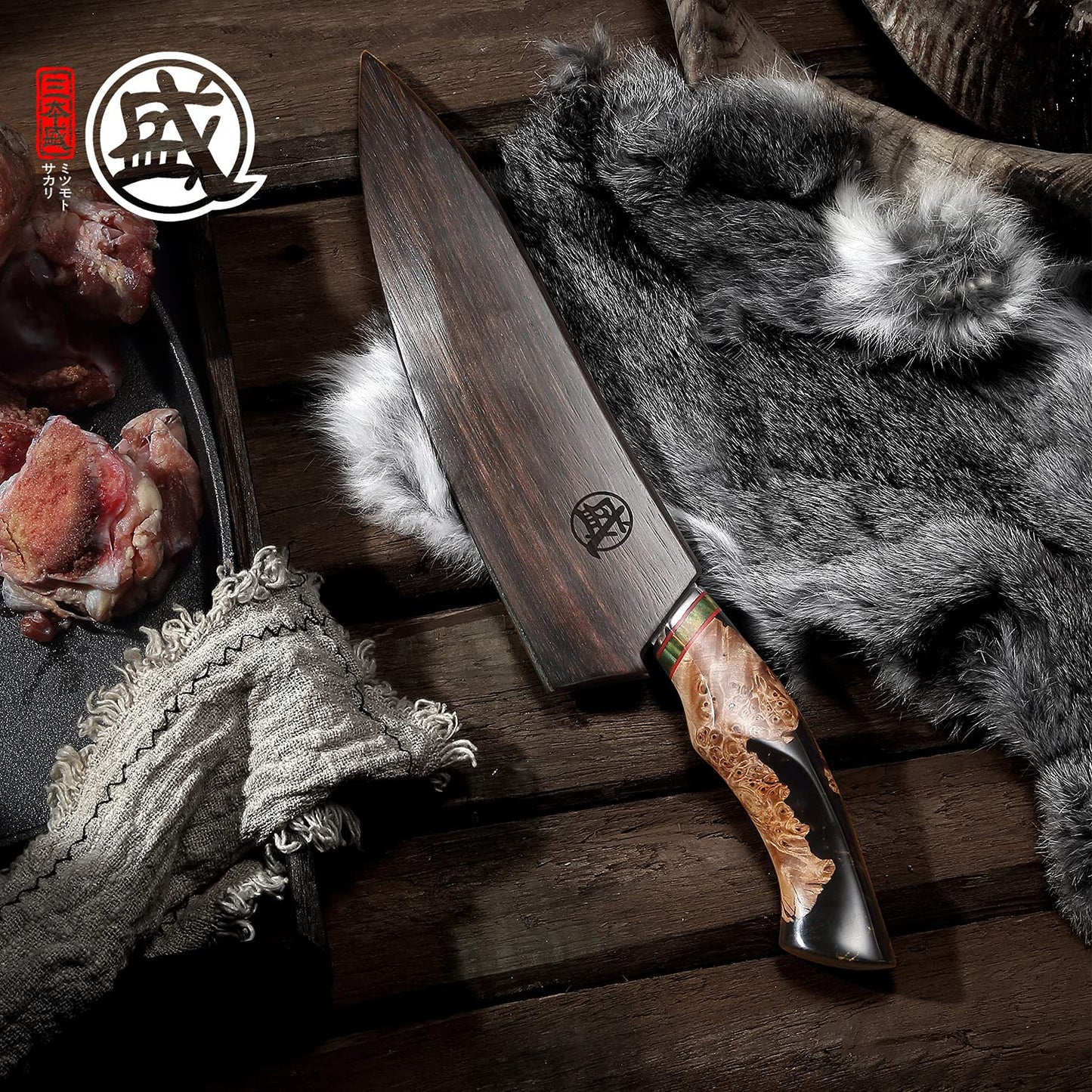 MITSUMOTO SAKARI 8 Inch Gyuto Chef Knife - Professional Japanese Kitchen Knives, Hand Forged 7-Layer 440C Damascus Steel, MapleWood Handle & Sandalwood Box