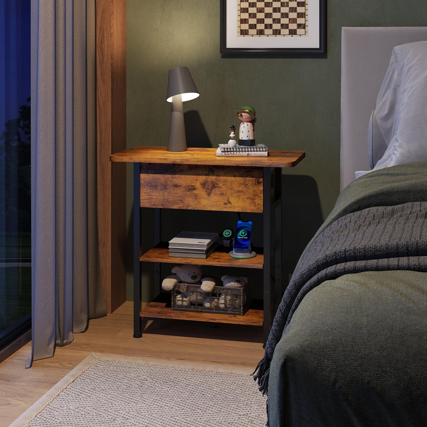 WLIVE End Table with Charging Station, Flip Top Narrow Side Table with Storage Shelf, Small Nightstand with USB Ports and Outlets,Bedside Table for Living Room, Bedroom,11.81" D x 23.62" W x 24.33" H