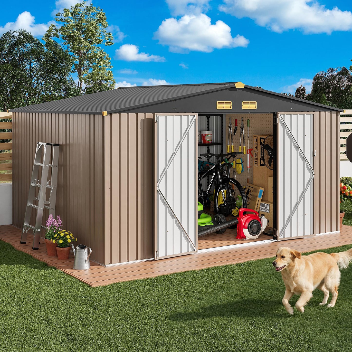 IRONCK 10x12FT Outdoor Storage Shed, Metal Garden Tool Shed with Breathable Vent and Lockable Doors, Outside Storage for Backyard, Poolside, Patio, Brown