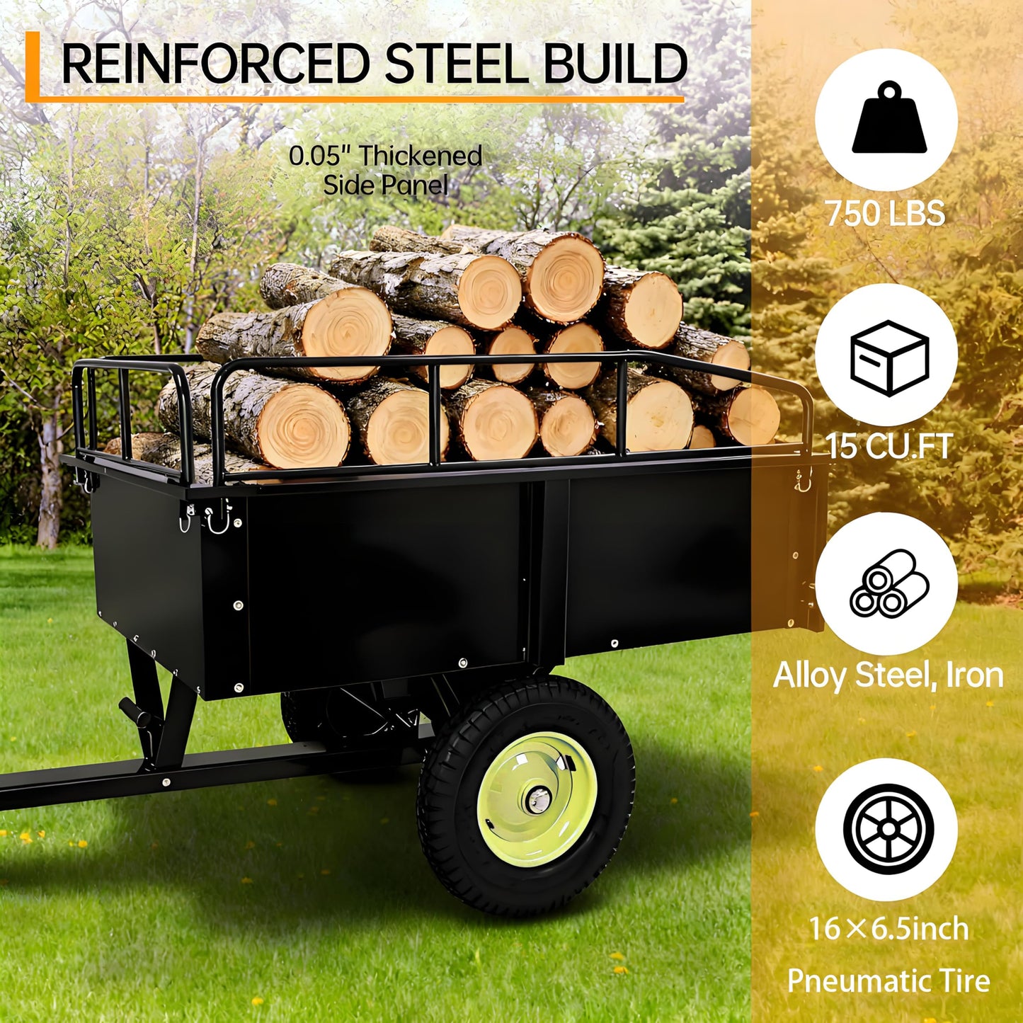 GarveeLife Utility Trailer, ATV Steel Garden Trailer, 750 LBS 15 Cu.Ft. with Removable Sides, Pneumatic Tires and Quick Dump Pull Back, Heavy Duty Lawn Mower Trailers for Lawn Mowers, Tractors, Farm