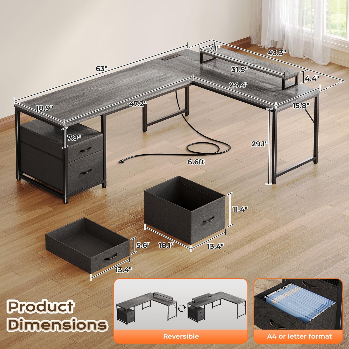 PRAISUN 63 Inch L Shaped Desk with Power Outlets and USB-C Port, Computer Corner Home Office Desk with File Fabric Drawers and Movable Monitor Stand, Larger Storage, Gaming, Writing, Work, Grey