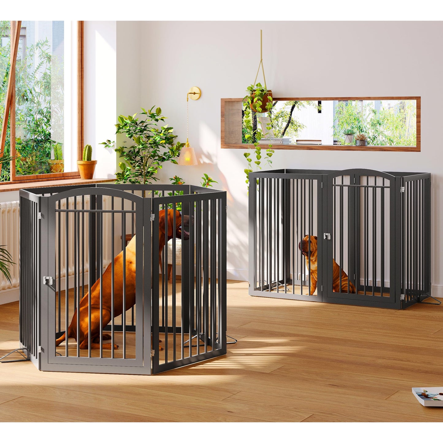 JSB 144-inch Extra Wide 30-inch Tall Dog gate with Door Walk Through, Freestanding Round Tube Pet Gate for Halls Stairs, Puppy Safety Dog Fence with 2PCS Support Feet (Black)