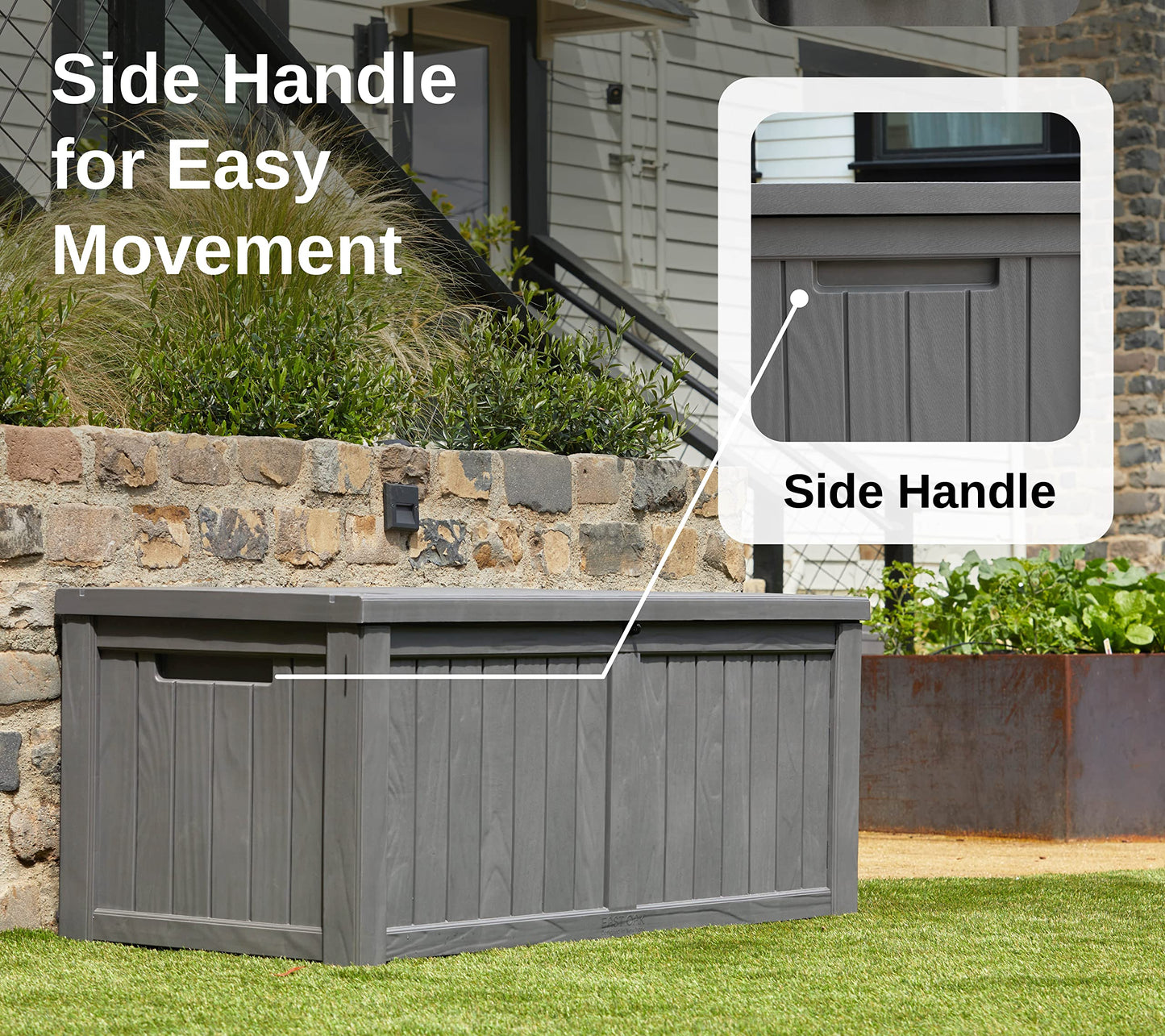EAST OAK Outdoor Storage Box, 120 Gallon Deck Box with Stainless Steel Rods Large Resin Storage Bin for Patio Cushions, Garden Tools, Waterproof and UV Resistant, Lockable, Grey