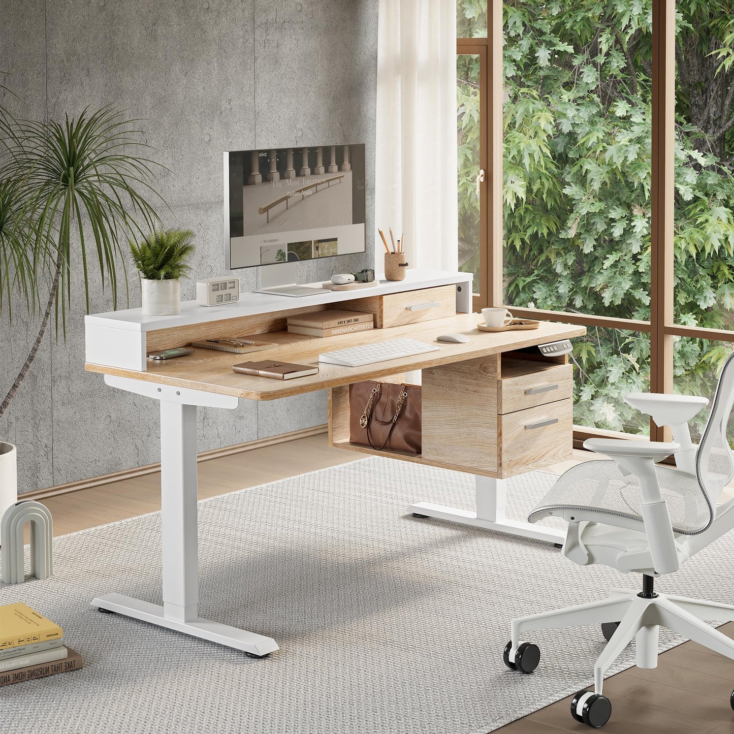 CubiCubi Standing Desk with Wood Drawers, 48" x 24" Electric Height Adjustable Table with Monitor Shelf, 3 Drawers and Open Storage, Computer Home Office Sit and Stand up Workstation, Maple