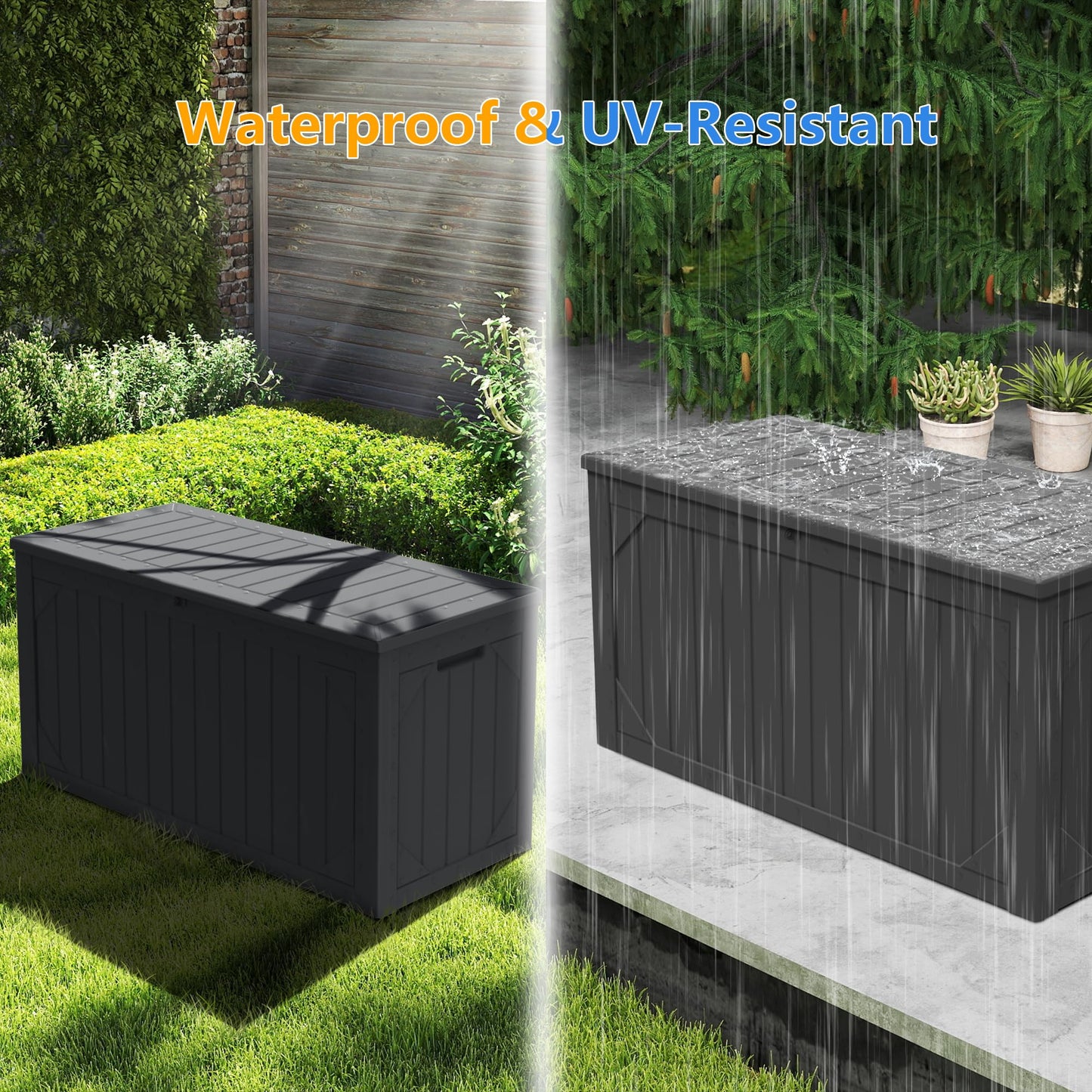 Outdoor Storage Deck Box Waterproof, 100 Gallon Large Lockable Patio Storage Bin Chest, Resin Outside Container Seat Bench for Furniture Cushions, Pool Accessories, Garden Tools & Delivery, Black