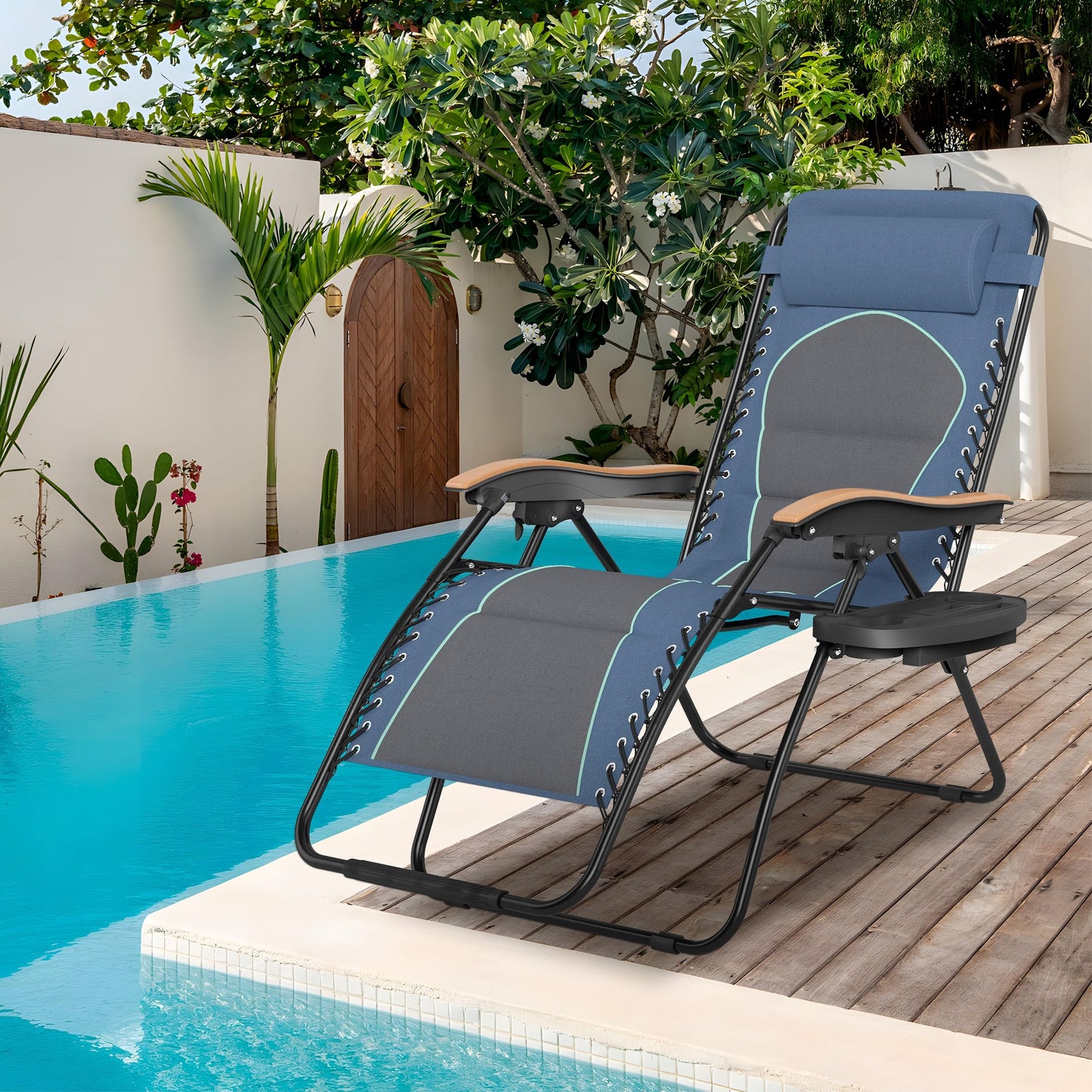 Sophia & William Oversized XXL Zero Gravity Lounge Chair Padded Reclining Lawn Chair Outdoor Gravity Chair with Cup Holder, Support 400 LBS, Blue