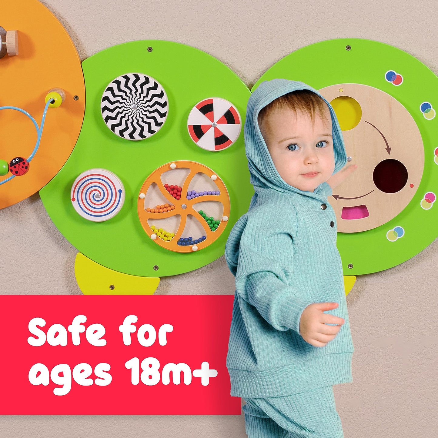SPARK & WOW Caterpillar Activity Wall Panels | Ages 18m+ | Montessori Sensory Wall Toy | 8 Activities | Busy Board | Toddler Room Decor