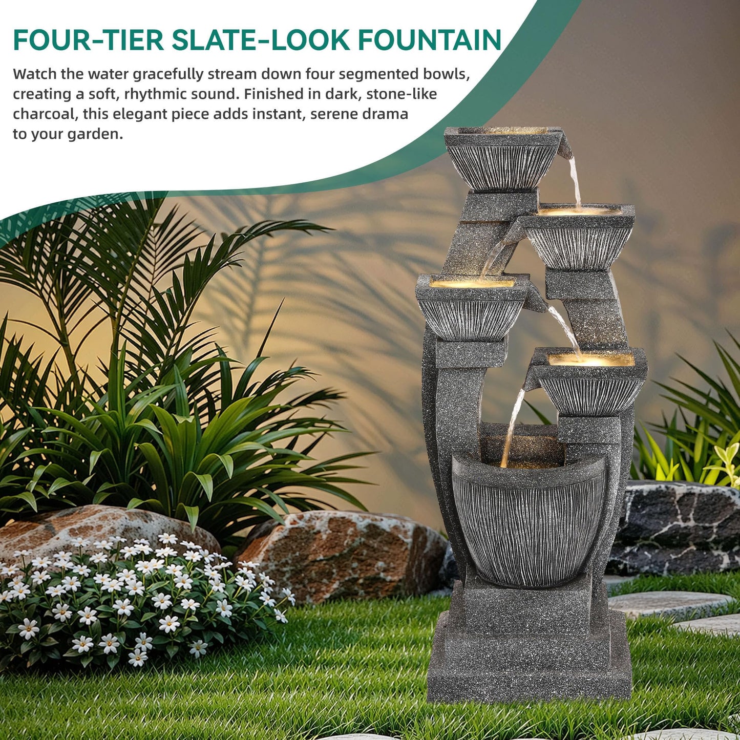 Ultym 40.5" Outdoor Fountain, Four-Column & Bowls Water Feature with LED Lights, Modern Resin Soothing Cascading Waterfall for Patio, Backyard, Garden or Porch