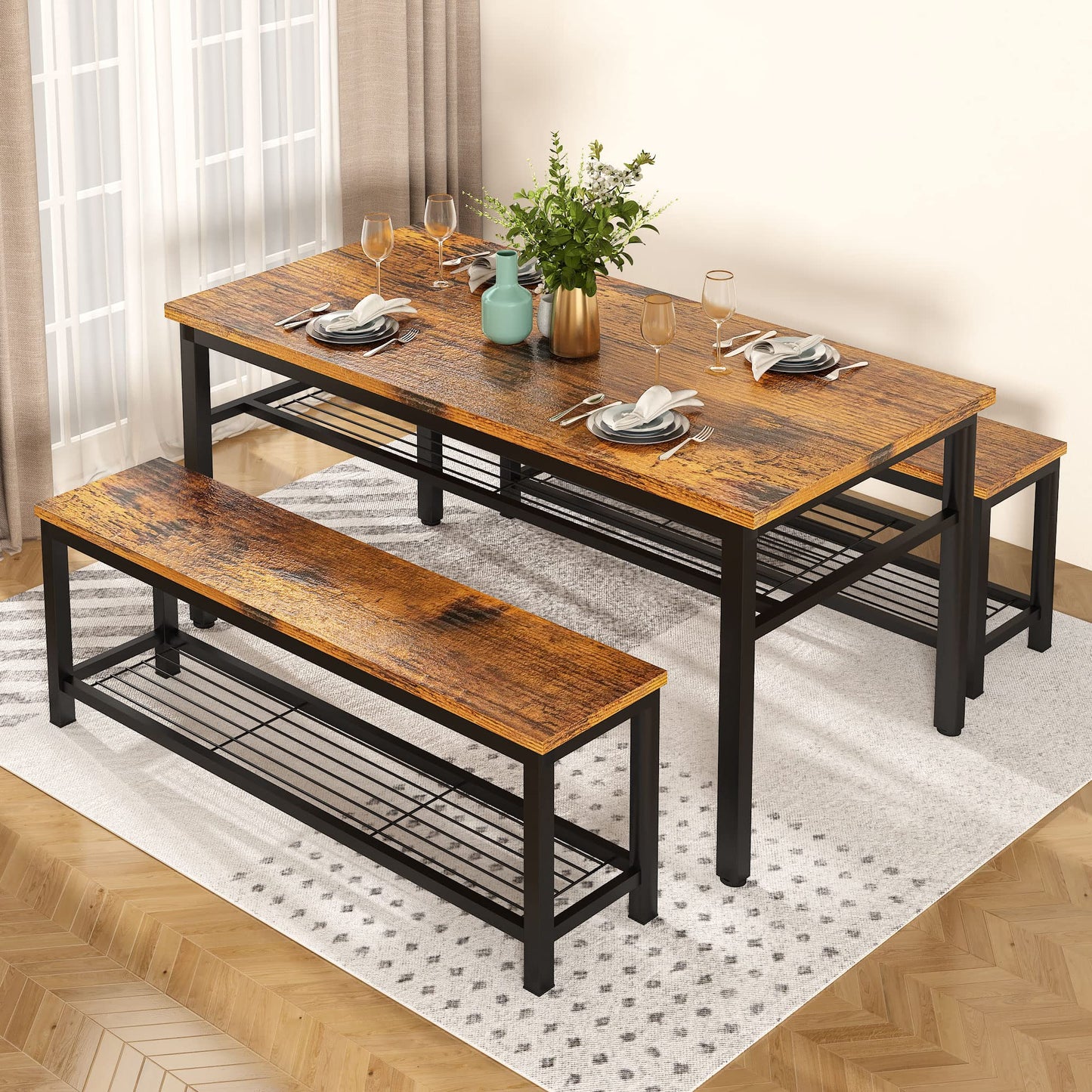 Lamerge 3-Piece Dining Table Set, Industrial Kitchen Table and Chairs Set for 4, Dining Table and 2 Benches with Storage Shelf, Dining Table Set for Dining Room Kitchen, Rustic Brown