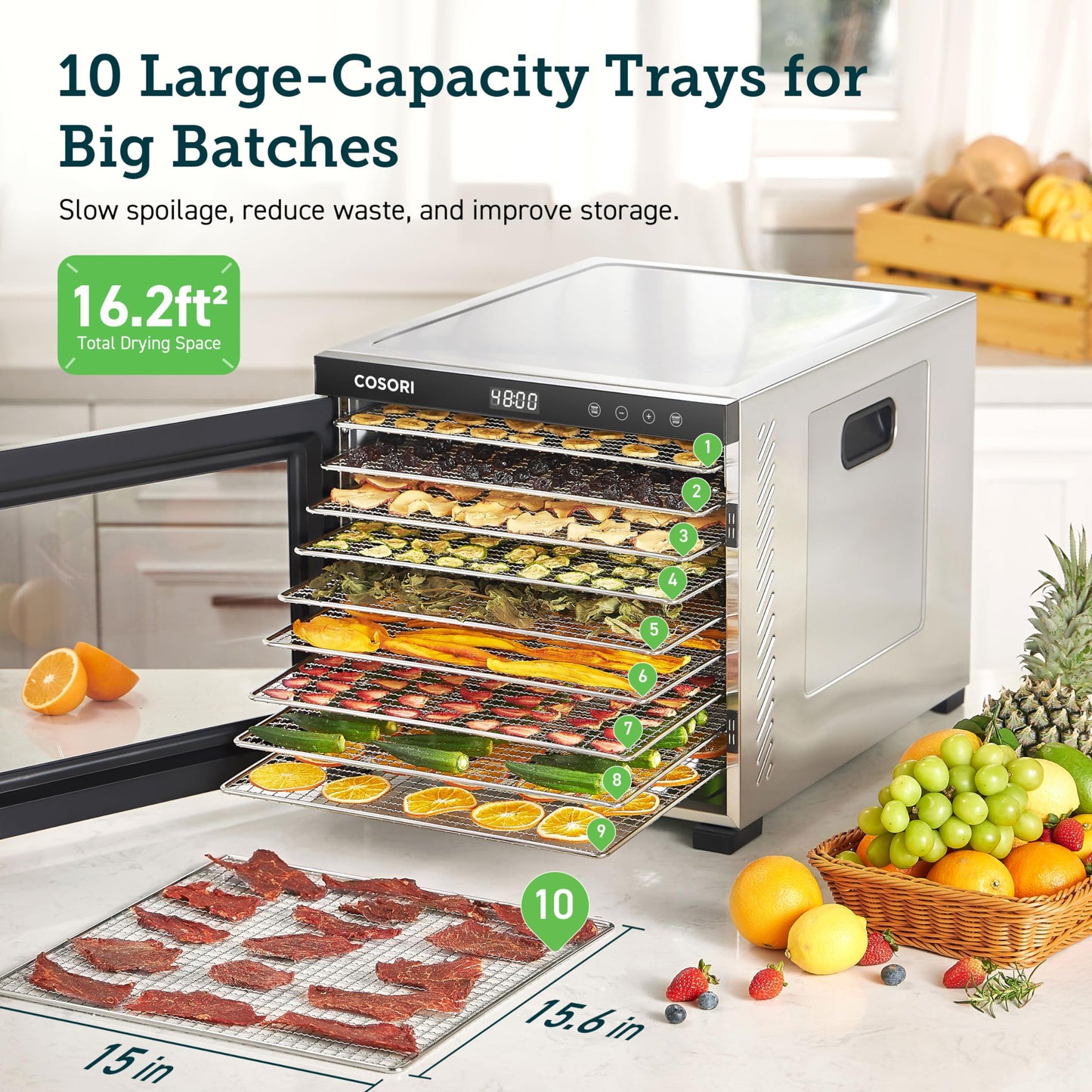 COSORI Food Dehydrator for Jerky, 10 Trays, 16.2ftยฒ Drying Space, 165ยฐF Temperature Control, 48H Timer, 1000W Dehydrator Machine, Stainless Steel, for Herbs, Fruit, Meat, and Yogurt, Silver