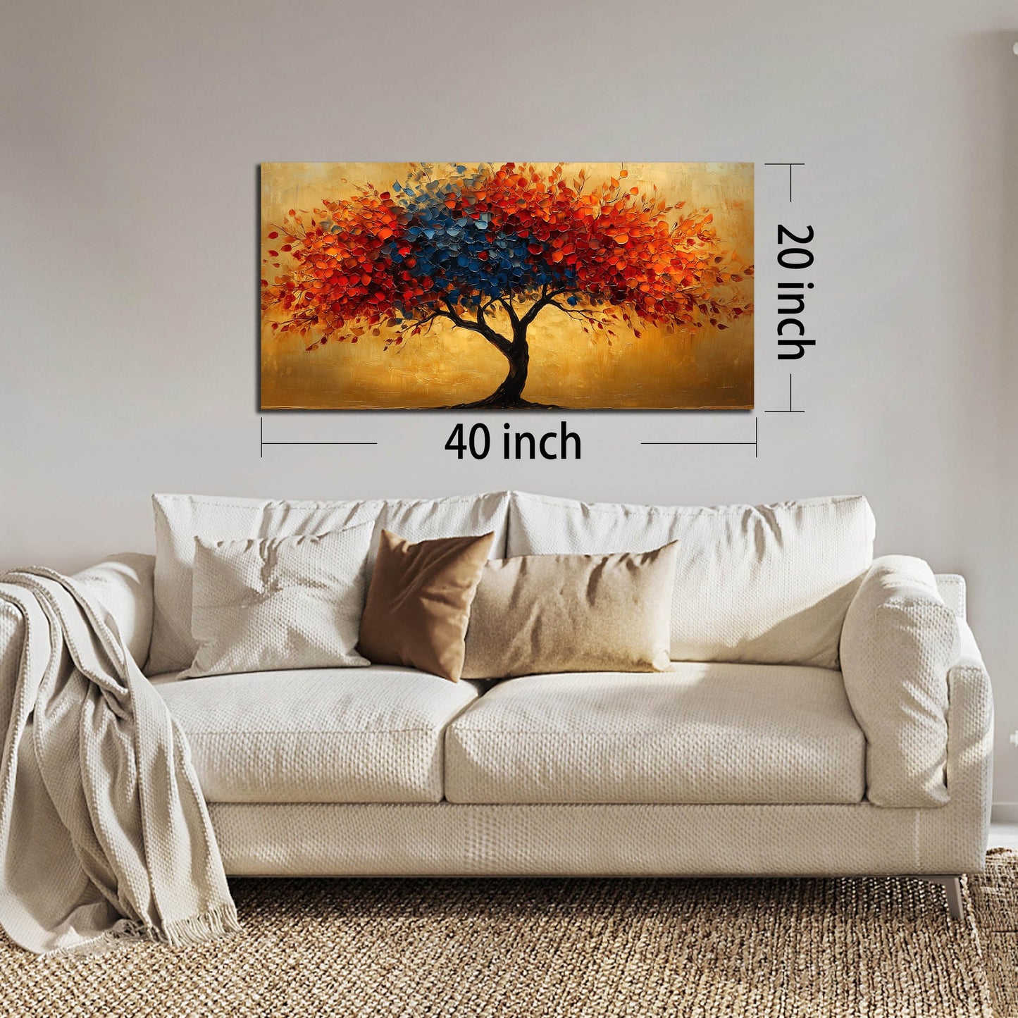 CANEITO Tree Wall Art for Living Room, Red Blue and Gold Wall-Decor for Bedroom, Natural Canvas Prints Pictures for Hallway Office, Size 40x20 Inches