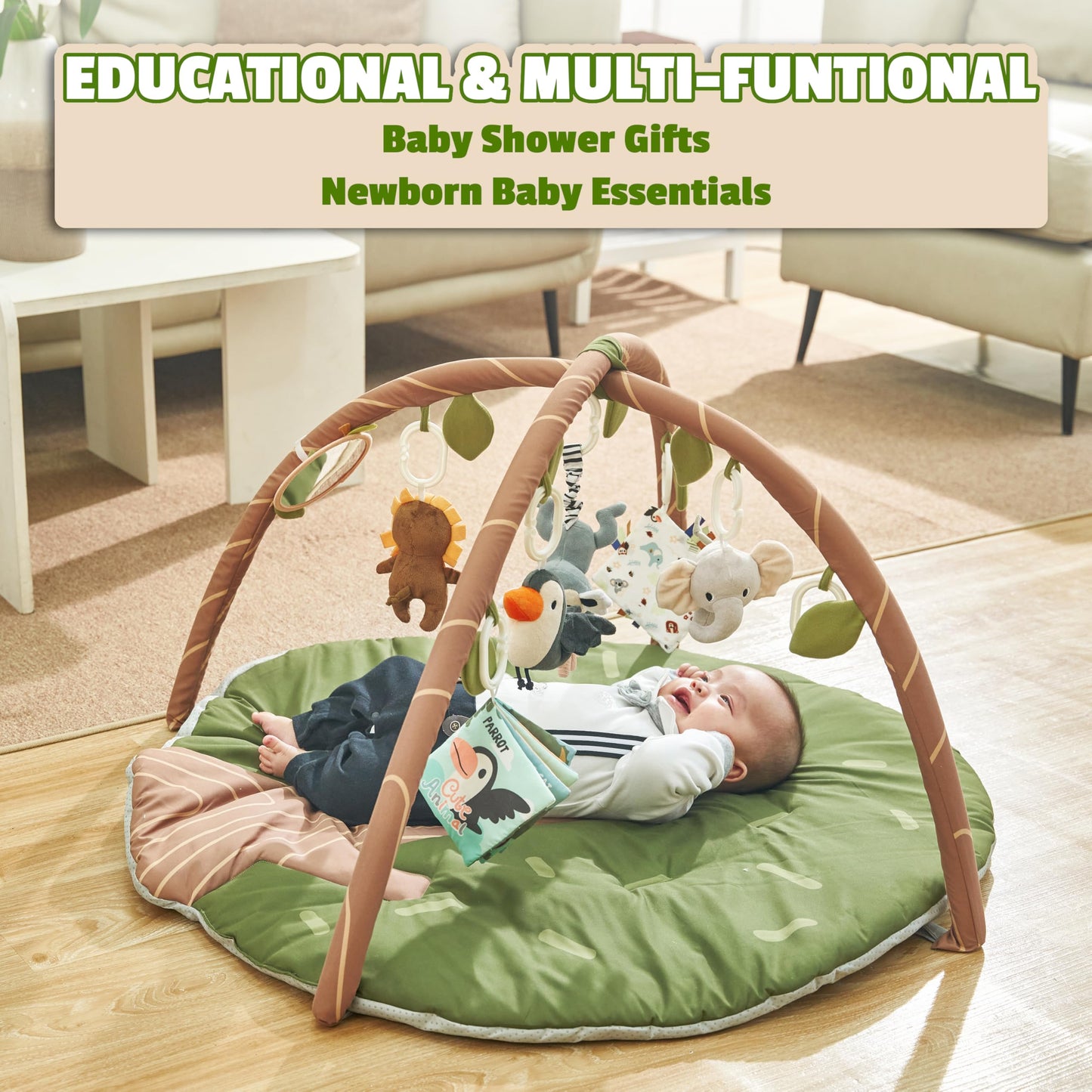 Baby Activity Gym & Play Mat ā 8-in-1 Tummy Time Mat with Self-Discovery Mirror & Detachable Sensory Toys ā Thick Non-Slip Washable Baby Play Gym for Infants Newborn 0 3 6 12 Months