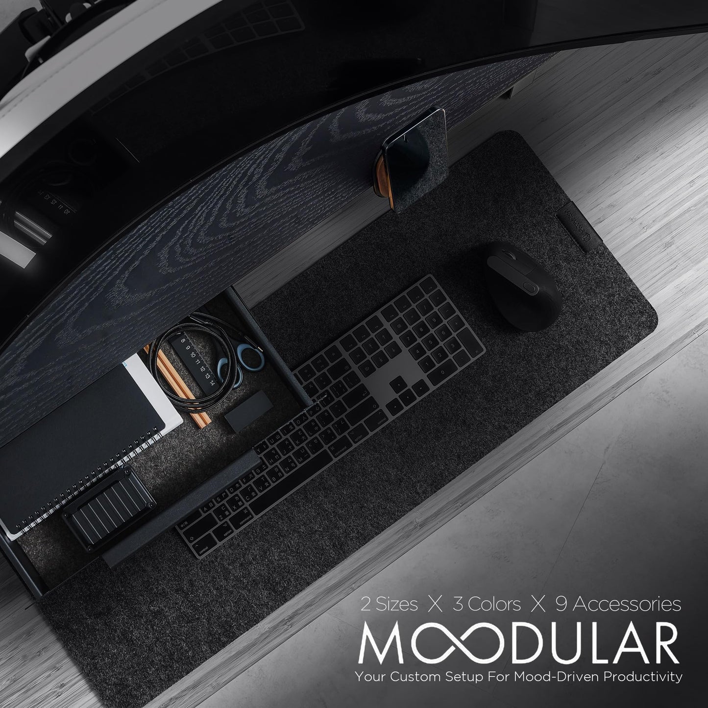 ULTRARM Moodular Wooden Monitor Stand 45.6” (116cm) Large Desk Organizer with Metal Slide Rails for Drawer, Tray, Laptop, Tablet, Phone & Headphones Customizable Riser for Organized Workspace Black