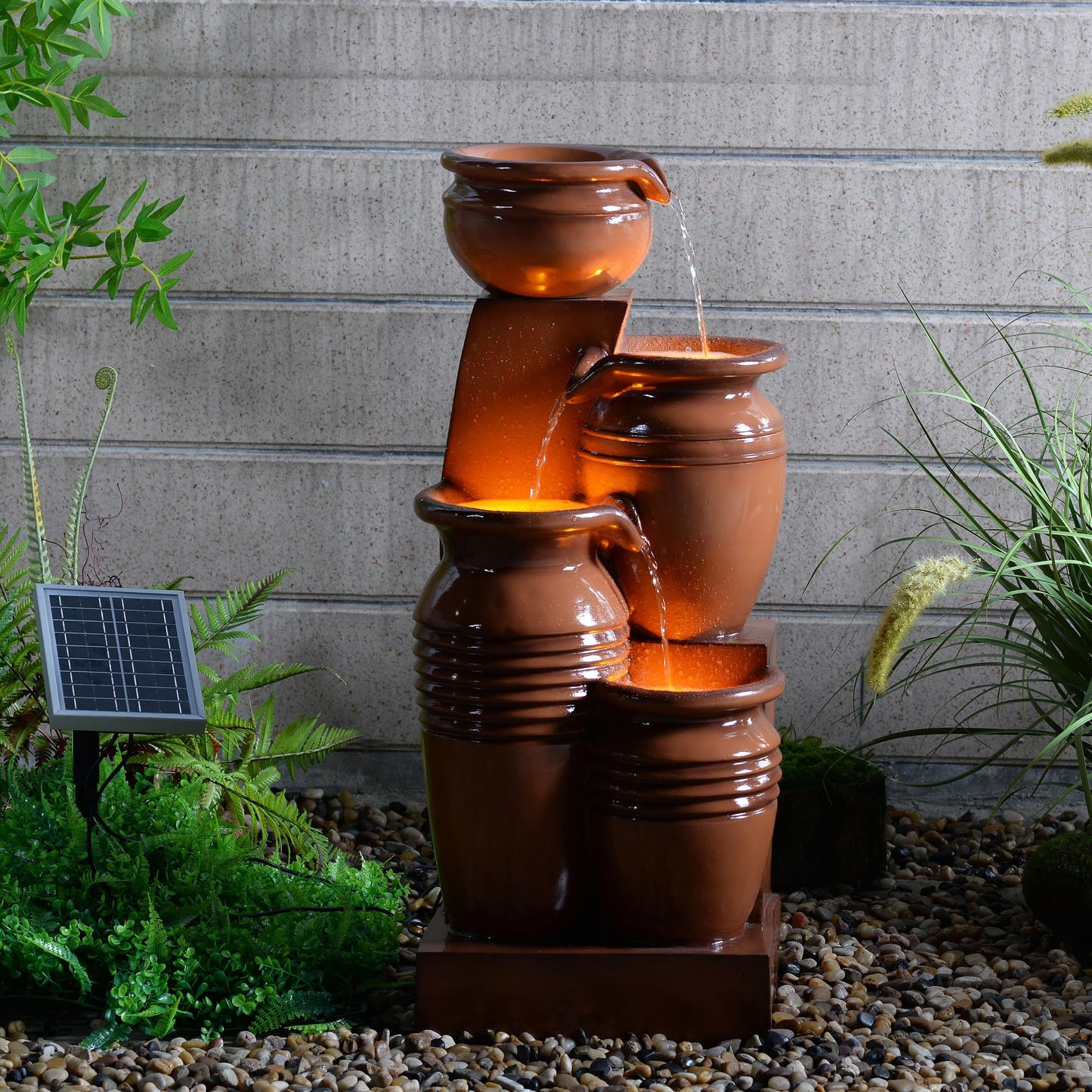 Teamson Home 28.7" 4-Tier Cascading Bowl Solar Powered Water Fountain for Outdoor Living Spaces, Terracotta