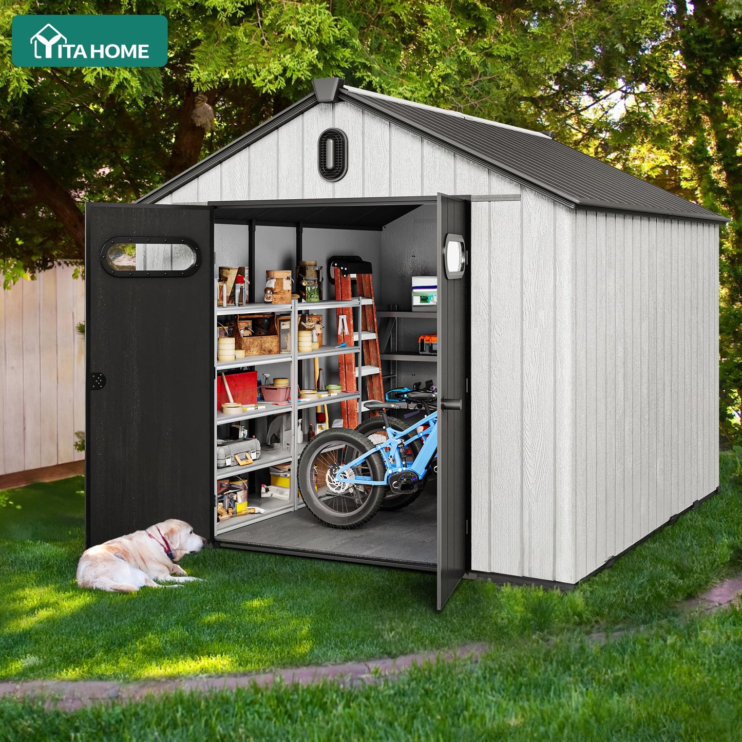 YITAHOME 8x10ft Resin Storage Shed, Extra Thick Outdoor Plastic Garden Storage Unit with Oval Vision Windows & Lockable Doors, 16mm Heavy Duty Waterproof Tool Sheds with Floor for Lawn Equipment, Gray