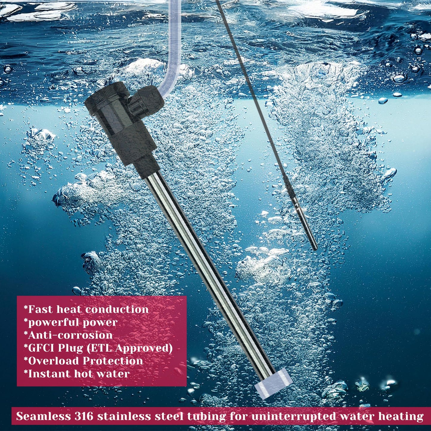 YLboyLIAN 1500W Immersion Electric Submersible Water Heater with Temp Control & GFCI – Portable Heater for Inflatable Pool, Swimming Pool, Above-Ground Pool, spa, Hot Tub Baptistry & baptismal Pool