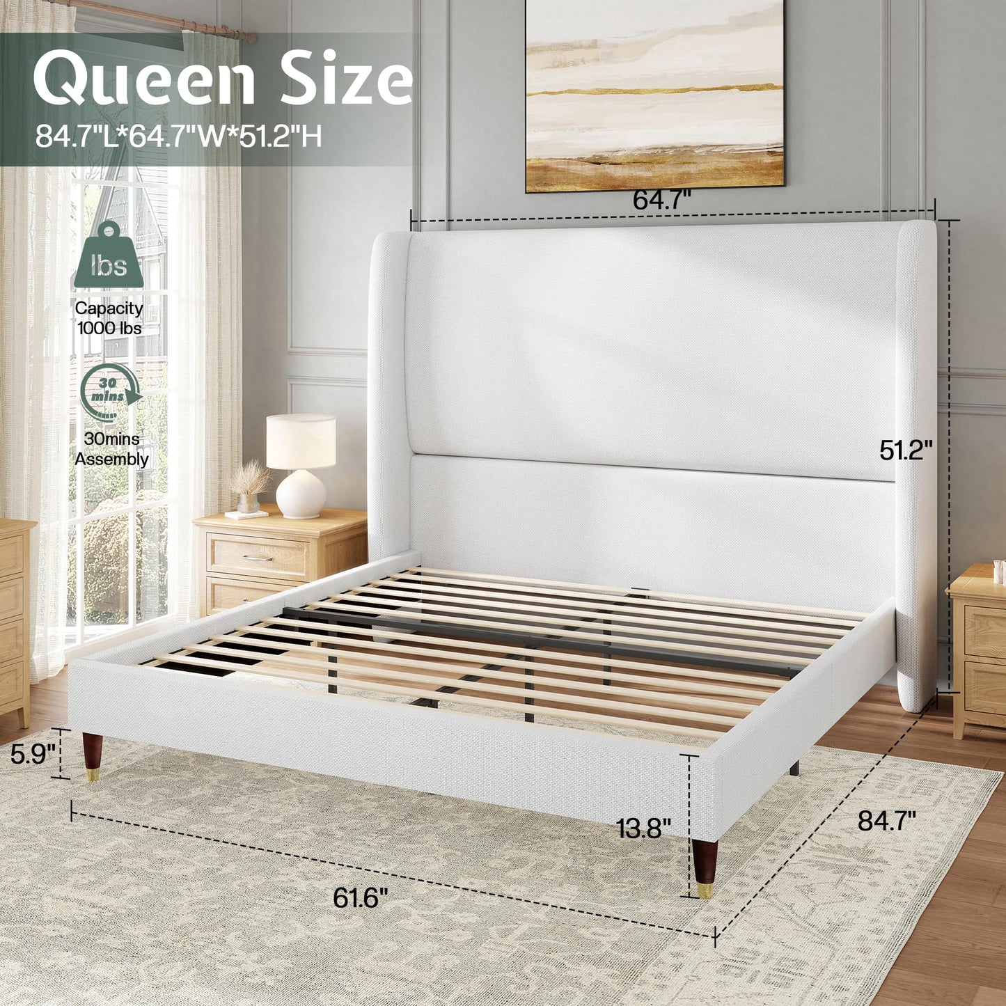 Jocisland Queen Upholstered Platform Bed Frame with 51.2" Tall Wingback Headboard–Solid Wood Legs, No Box Spring Needed, White Linen–Modern Style for Any Bedroom