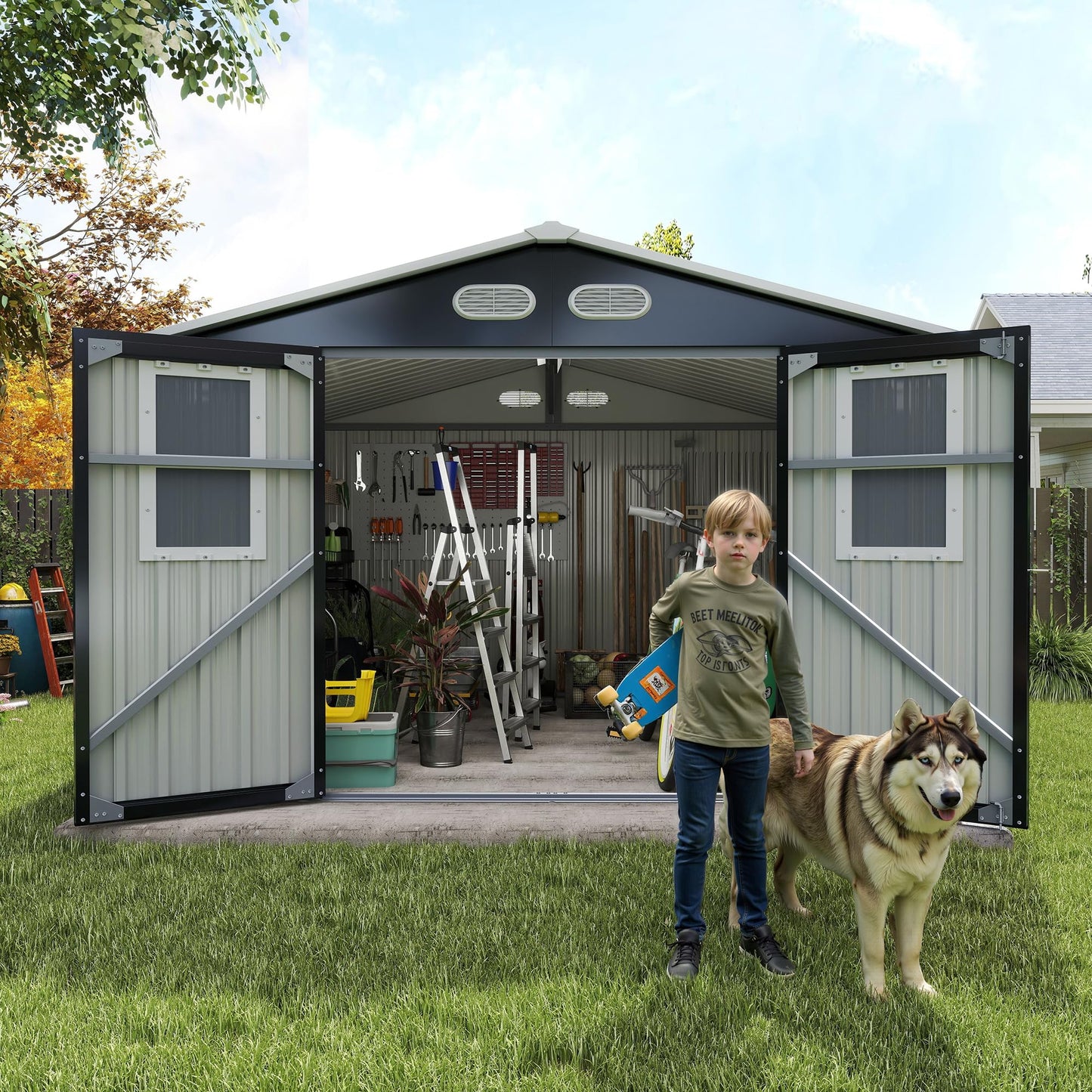 YOPTO 8x8 SF Outdoor Storage Shed,Metal Shed with Lockable Doors & 4 Daylight Windows,Garden Tool Shed w/Air Vents & Sloped Roof, Ideal for Backyard,Patio,Lawn,Dark Gray