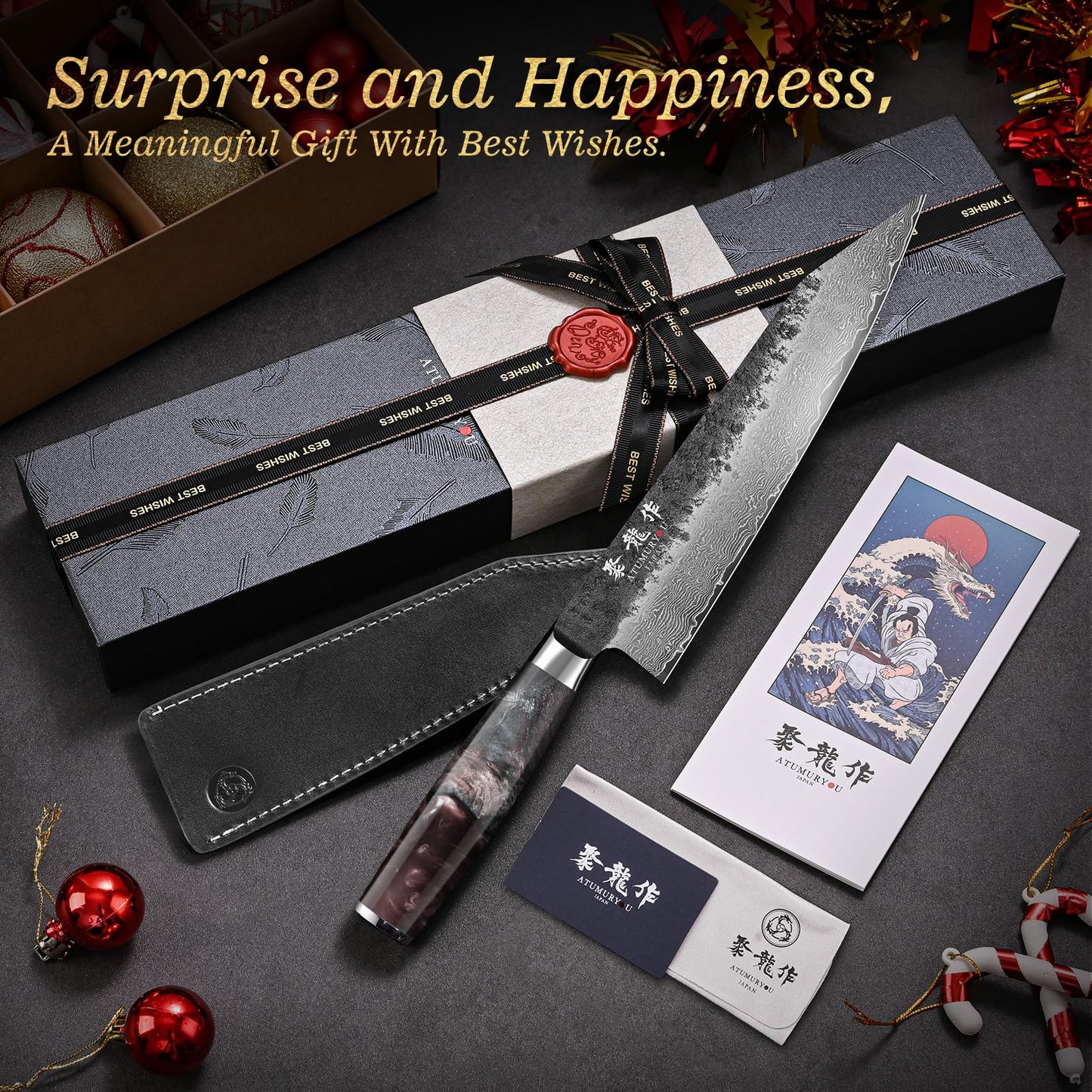 8.27 Inch Japanese Kiritsuke Chef Knife with VG10 Core, Professional 67-Layer Hand-Forged Damascus Knife with Ergonomic Handle, Leather Sheath and Elegant Gift Box – Perfect Gifts for Women Men